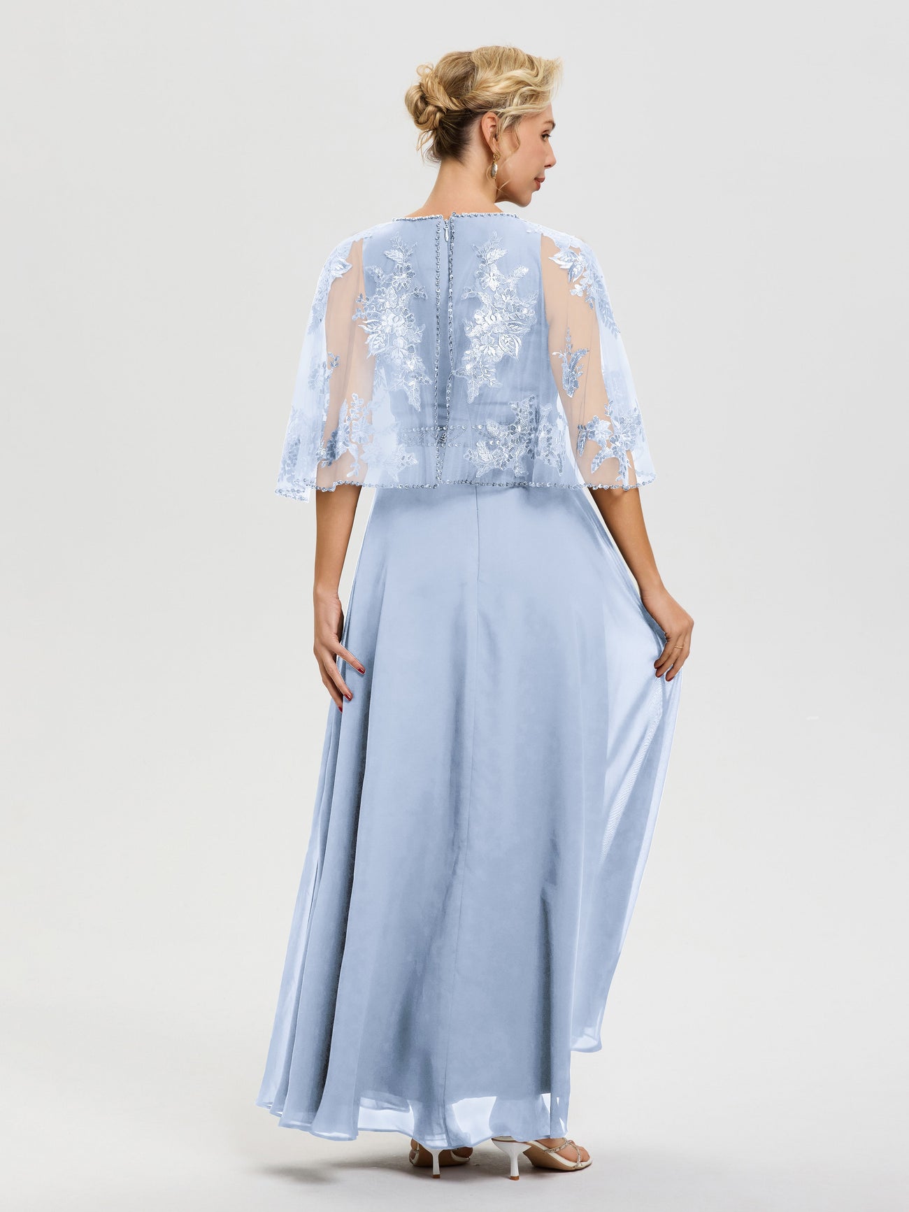 Sky Blue Light Blue Mother Of The Bride Dress Beaded Cape-Sleeve Jewel