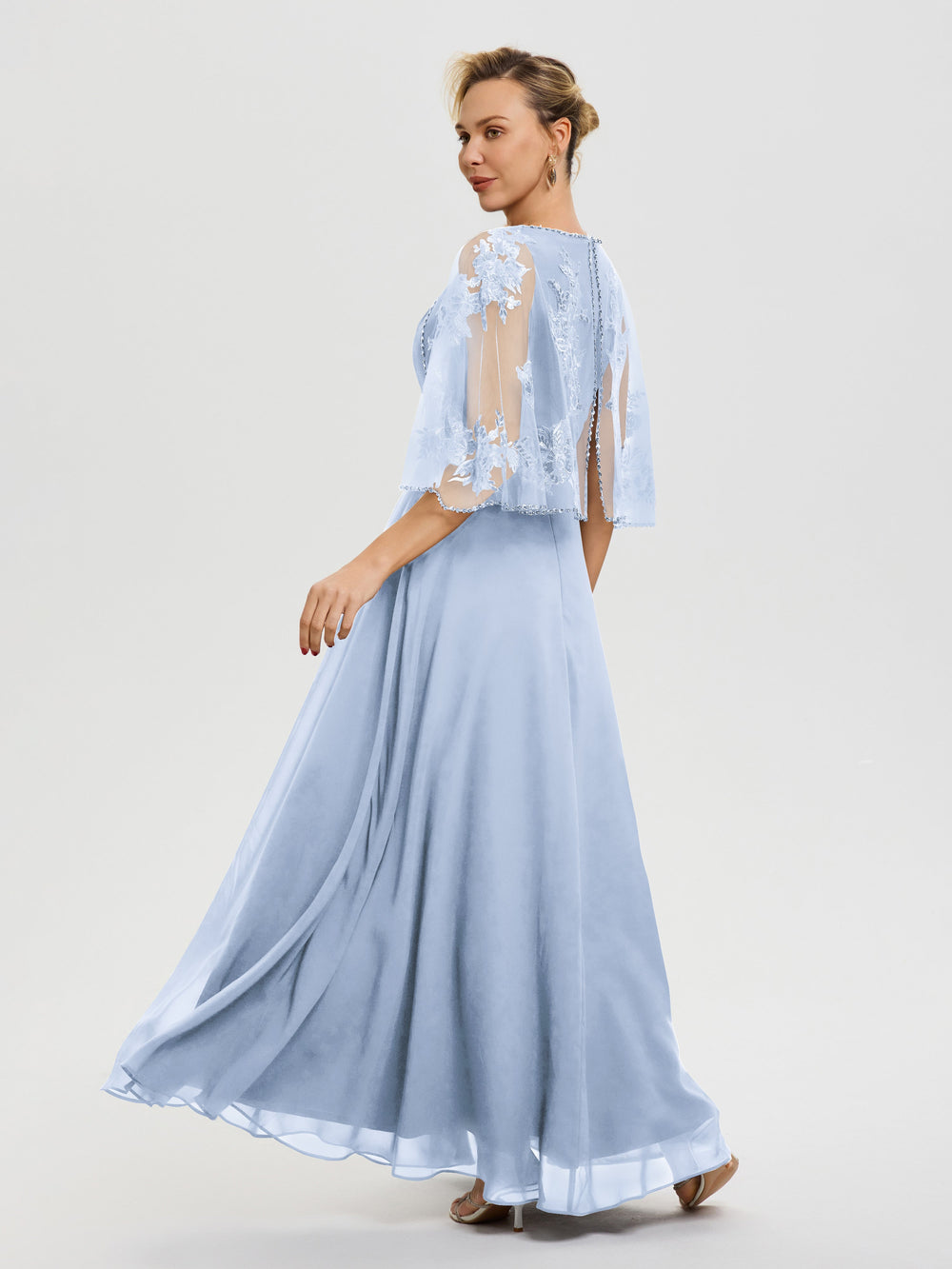 Sky Blue Light Blue Mother Of The Bride Dress Beaded Cape-Sleeve Jewel