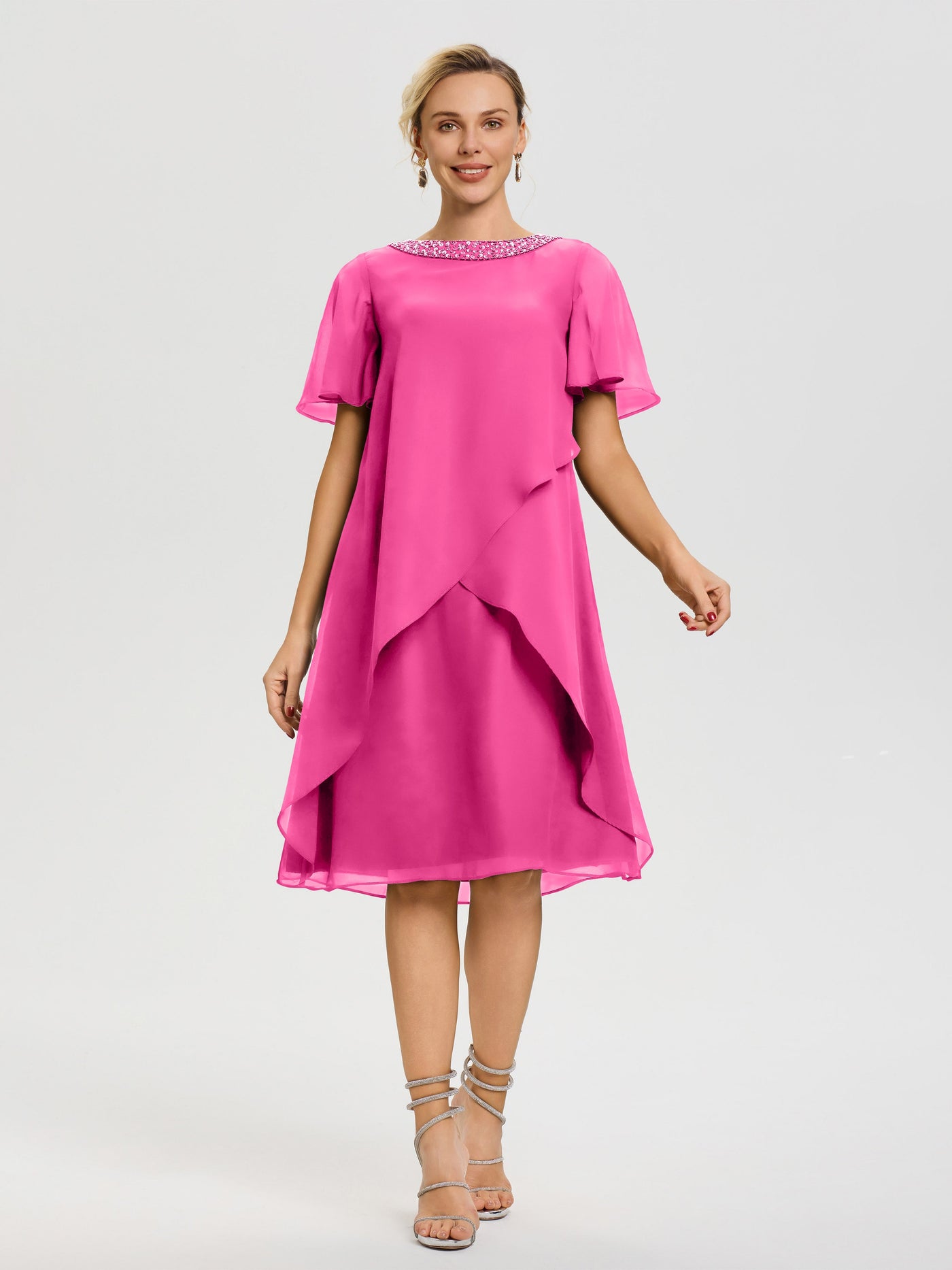 Ivory Mother Of The Bride Dresses Jewel A-Line Short Sleeves Beading Knee Length Chiffon Mother Of The Bride Dress