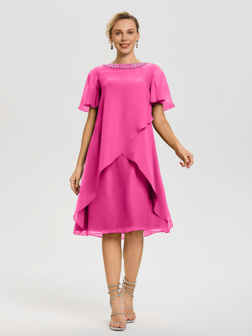 Royal Blue Mother Of The Bride Dresses Jewel A-Line Short Sleeves Beading Knee Length Chiffon Mother Of The Bride Dress