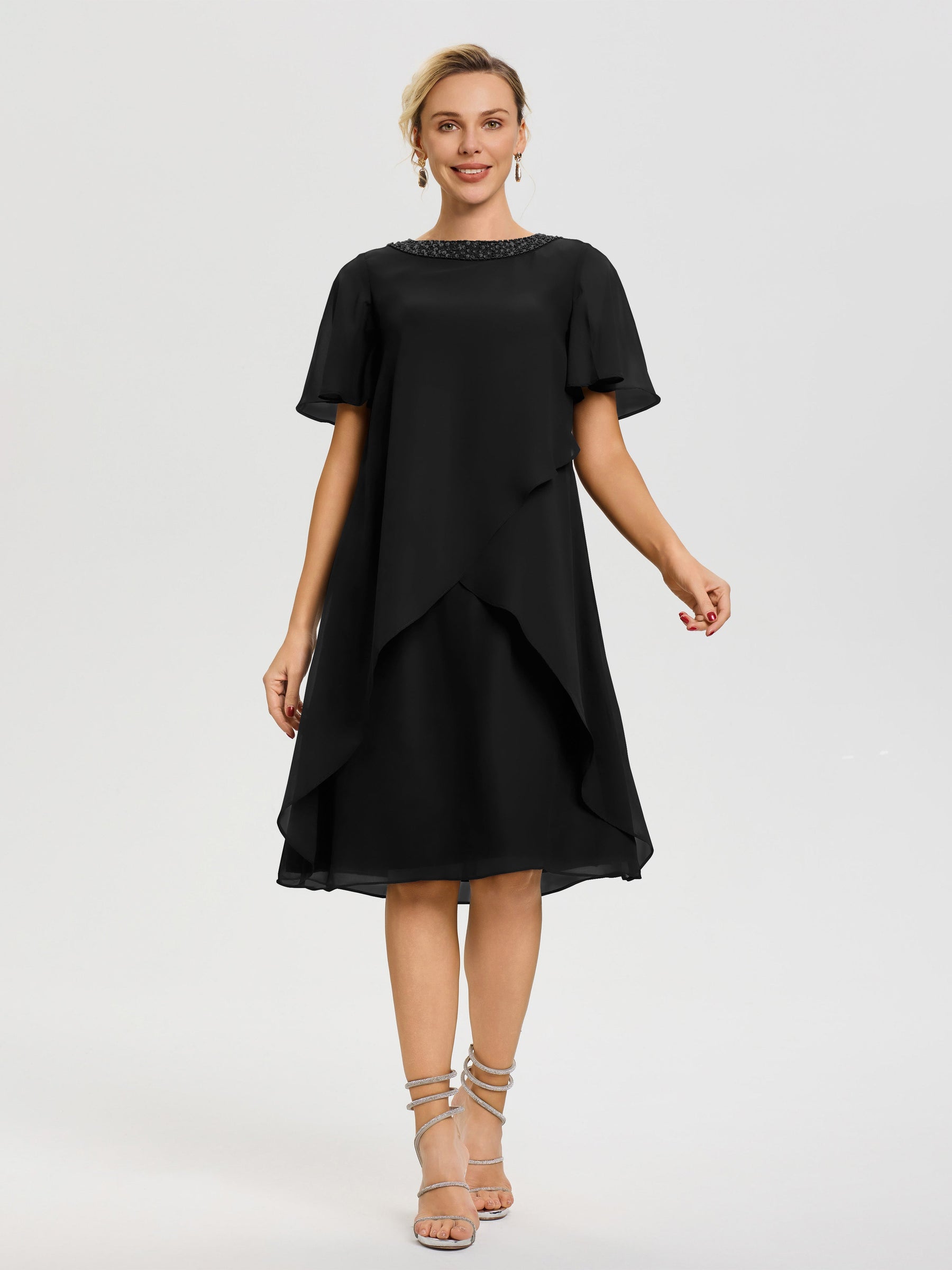 Black Mother Of Bride Dresses Jewel A-Line Short Sleeves Beading Knee