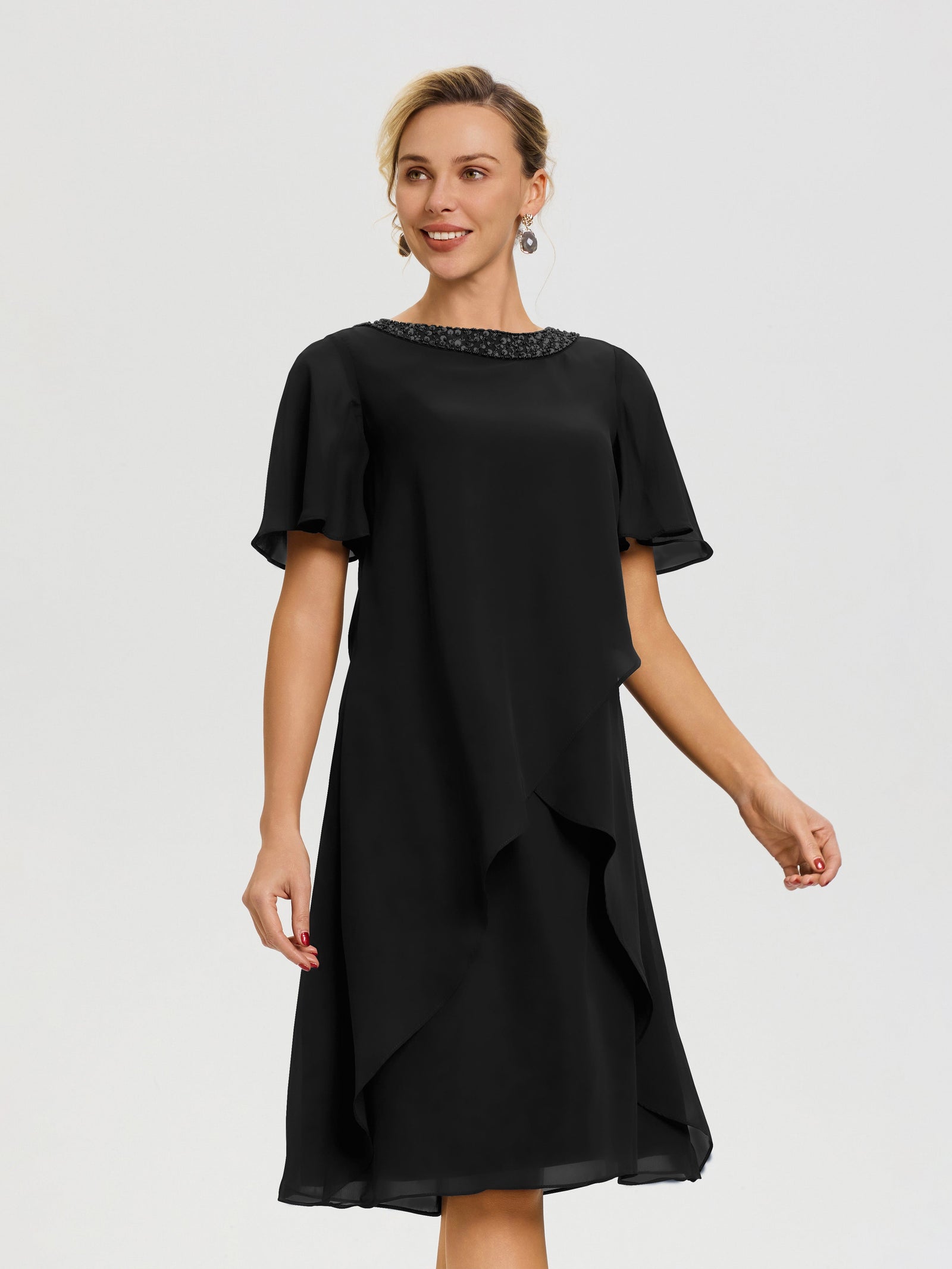 Black Mother Of Bride Dresses Jewel A-Line Short Sleeves Beading Knee