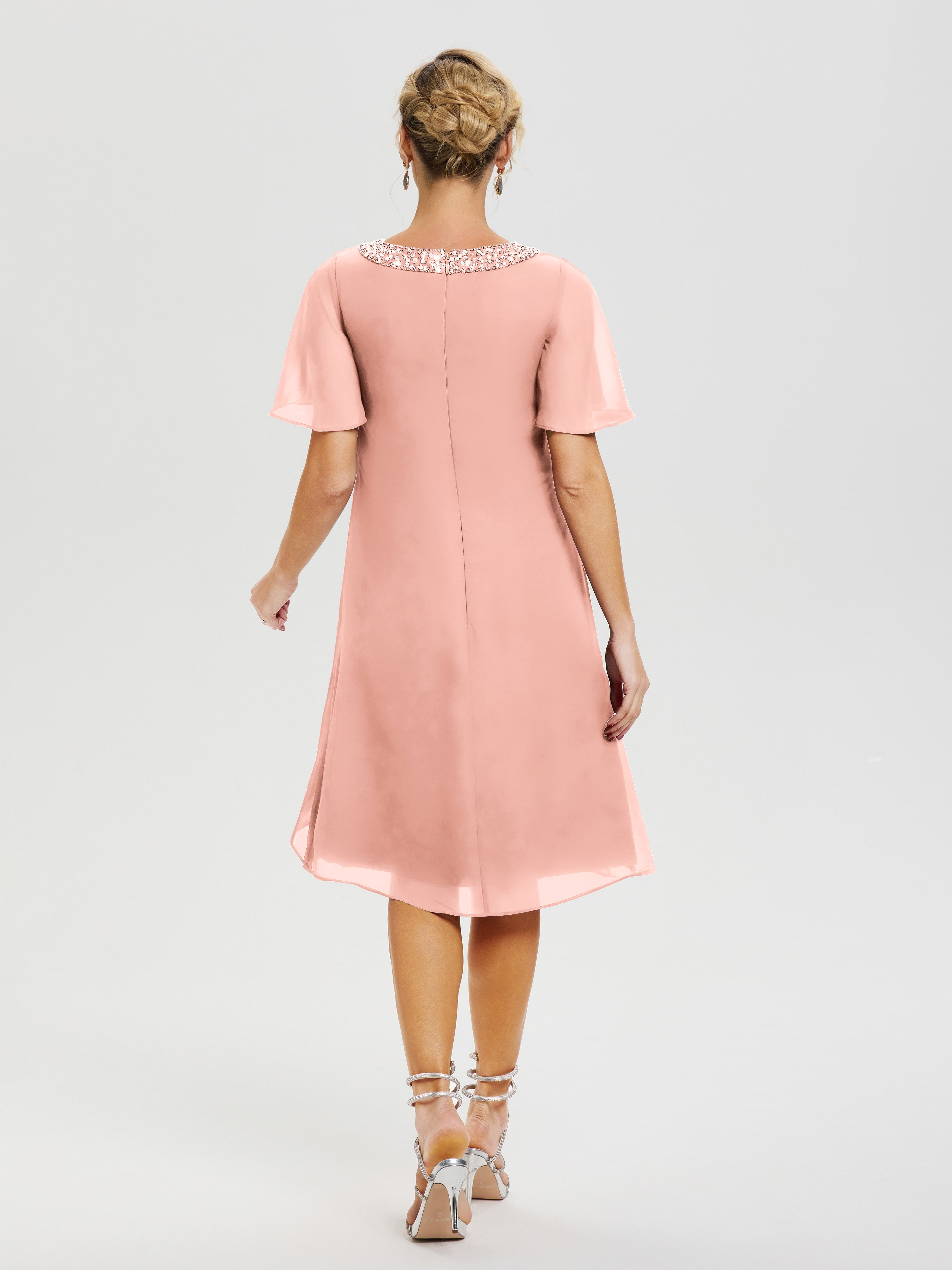 Coral Colored Mother Of The Bride Dresses Jewel A-Line Short Sleeves B