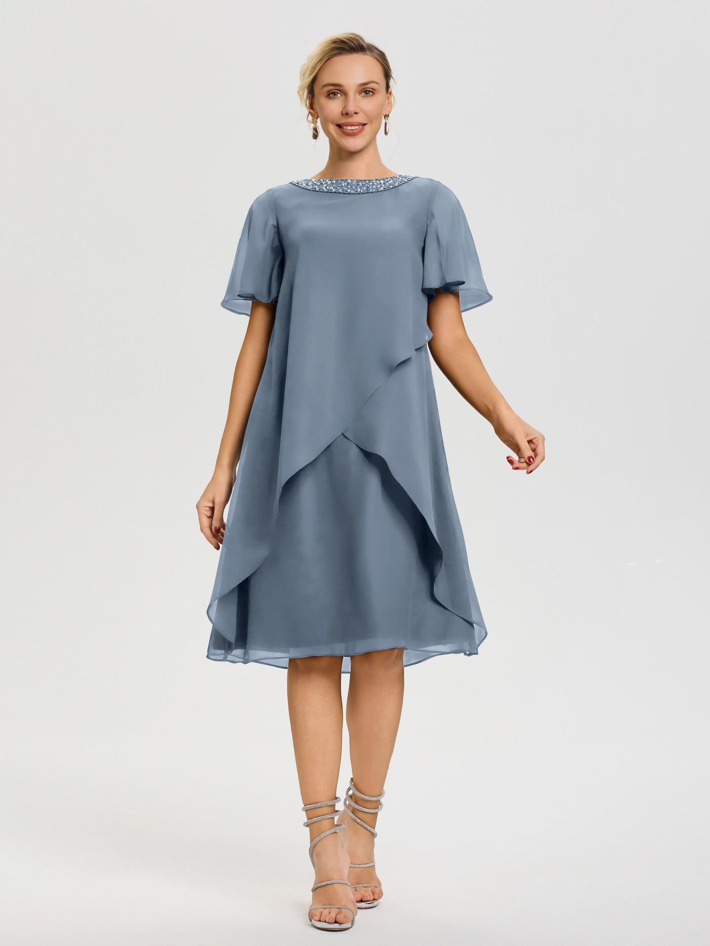 Mother Of The Bride Dusty Blue Dress Jewel A-Line Short Sleeves Beadin