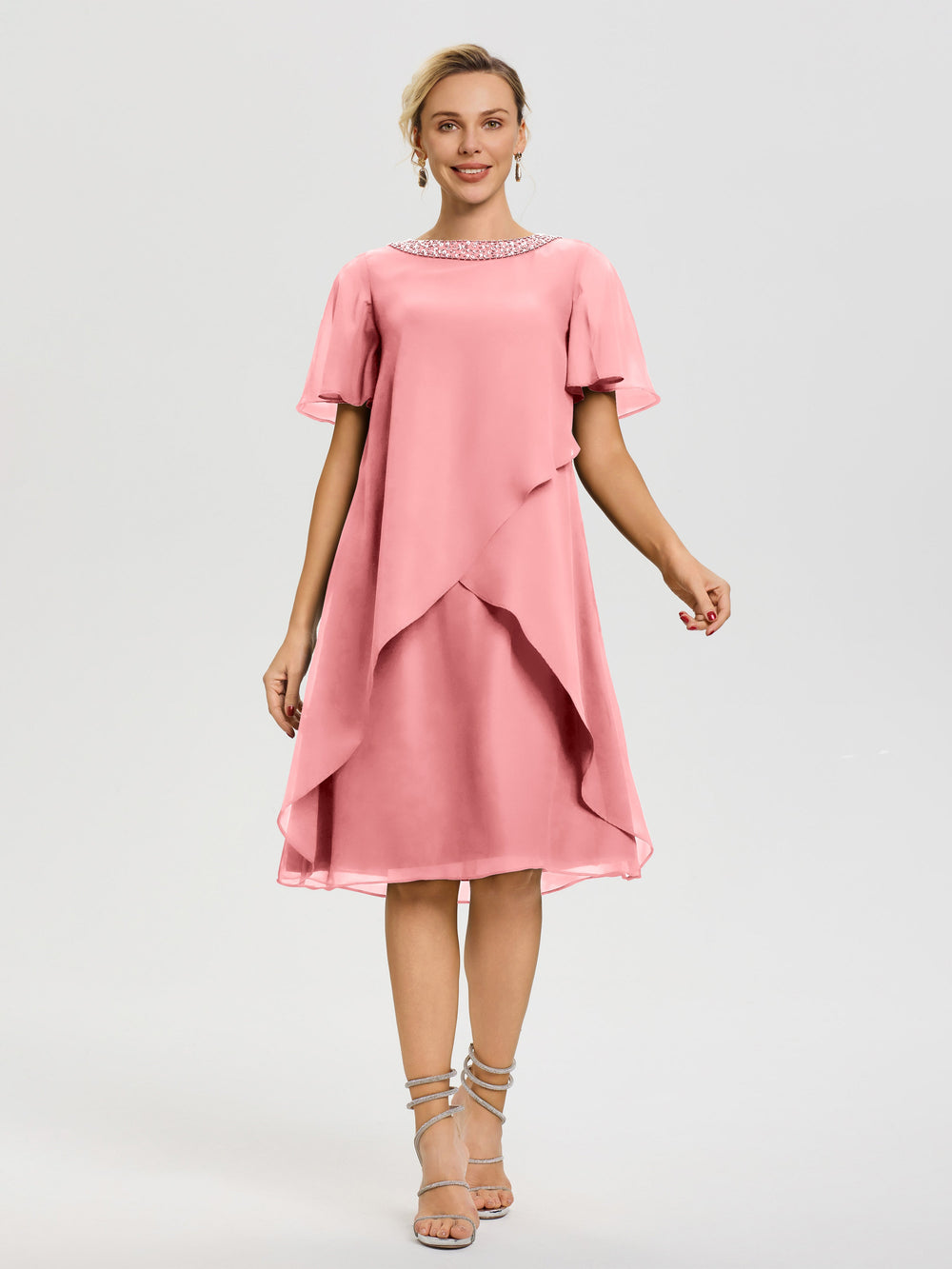 Pearl Pink Mother Of The Bride Dresses Jewel A-Line Short Sleeves Beading Knee Length Chiffon Mother Of The Bride Dress