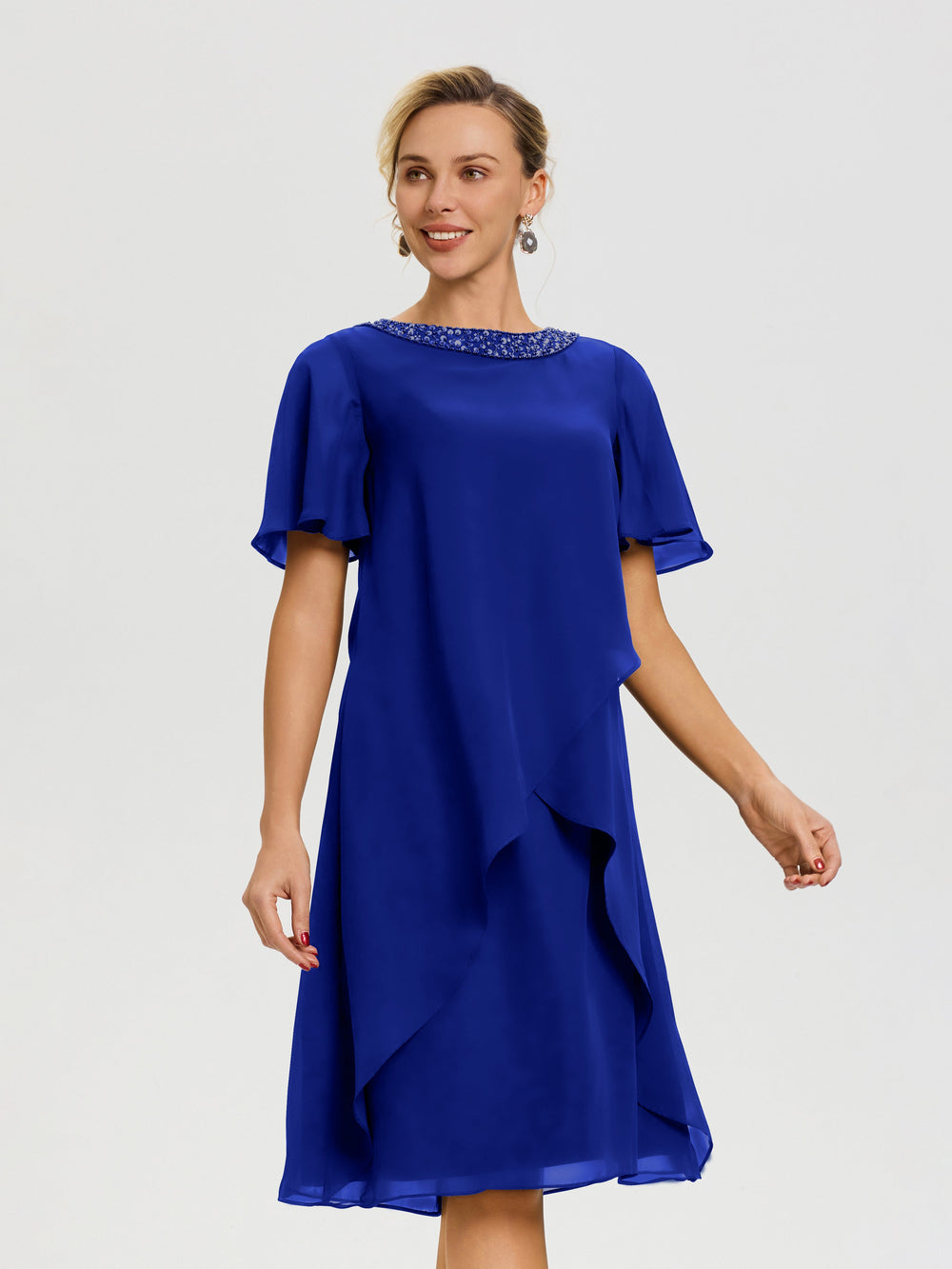 Royal Blue Mother Of The Bride Dresses Jewel A-Line Short Sleeves Bead
