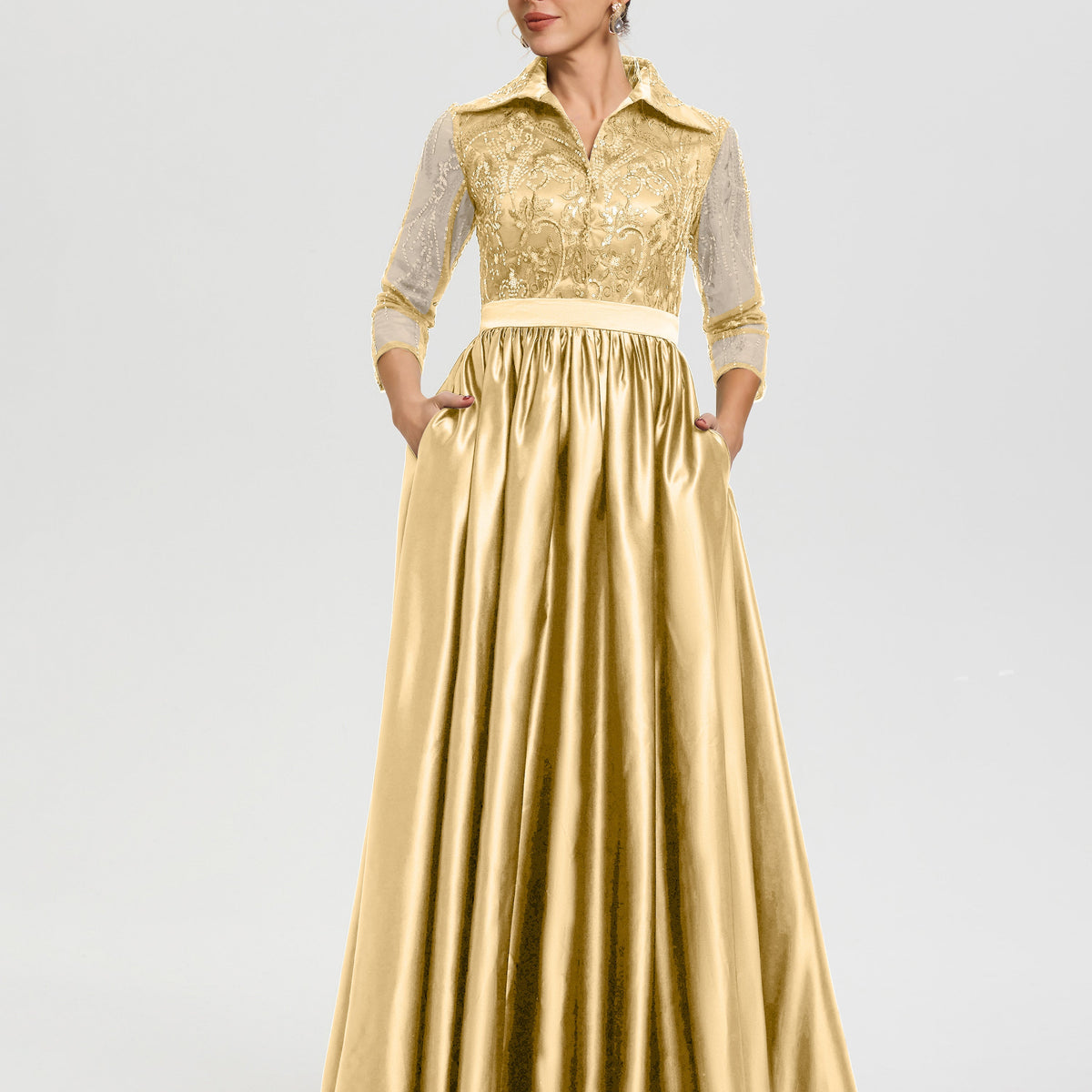 green emerald velvet dress Mother of The Bride Dresses Gold Color Elegant 3/4 Sleeves Lace Sequins Bodice Satin Maxi Mother of The Bride Dress with Pockets