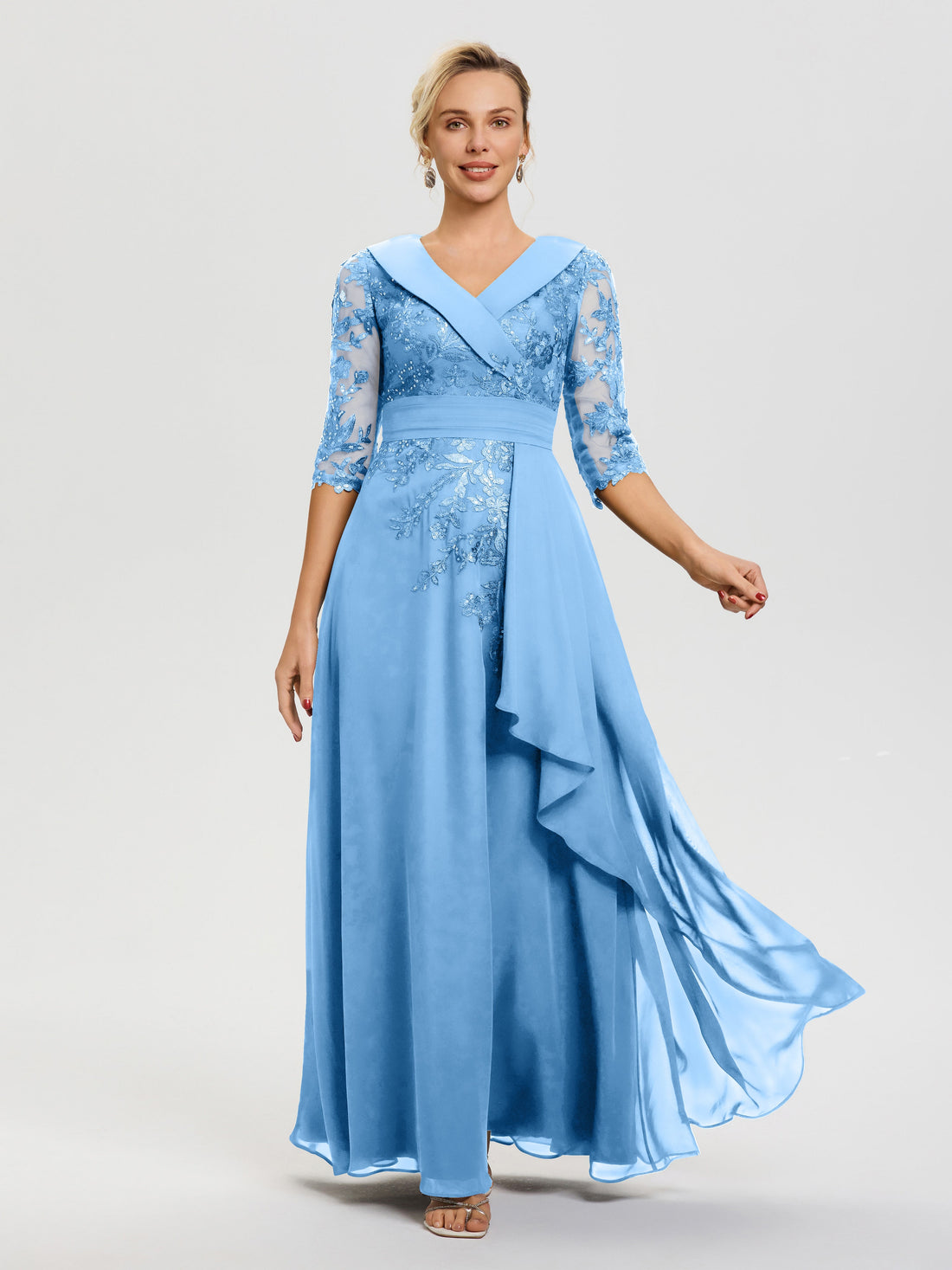 Mother Of The Bride Peacock Dresses A Line V Neck 3/4 Illusion Sleeves Appliqued Chiffon Floor Length Mother Of The Bride Dresses