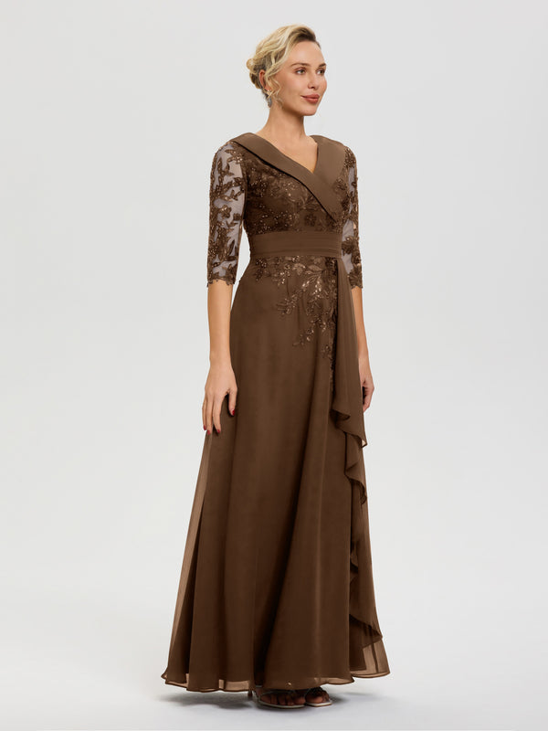 Mother Of The Bride Dress Brown A Line V Neck 3/4 Illusion Sleeves App
