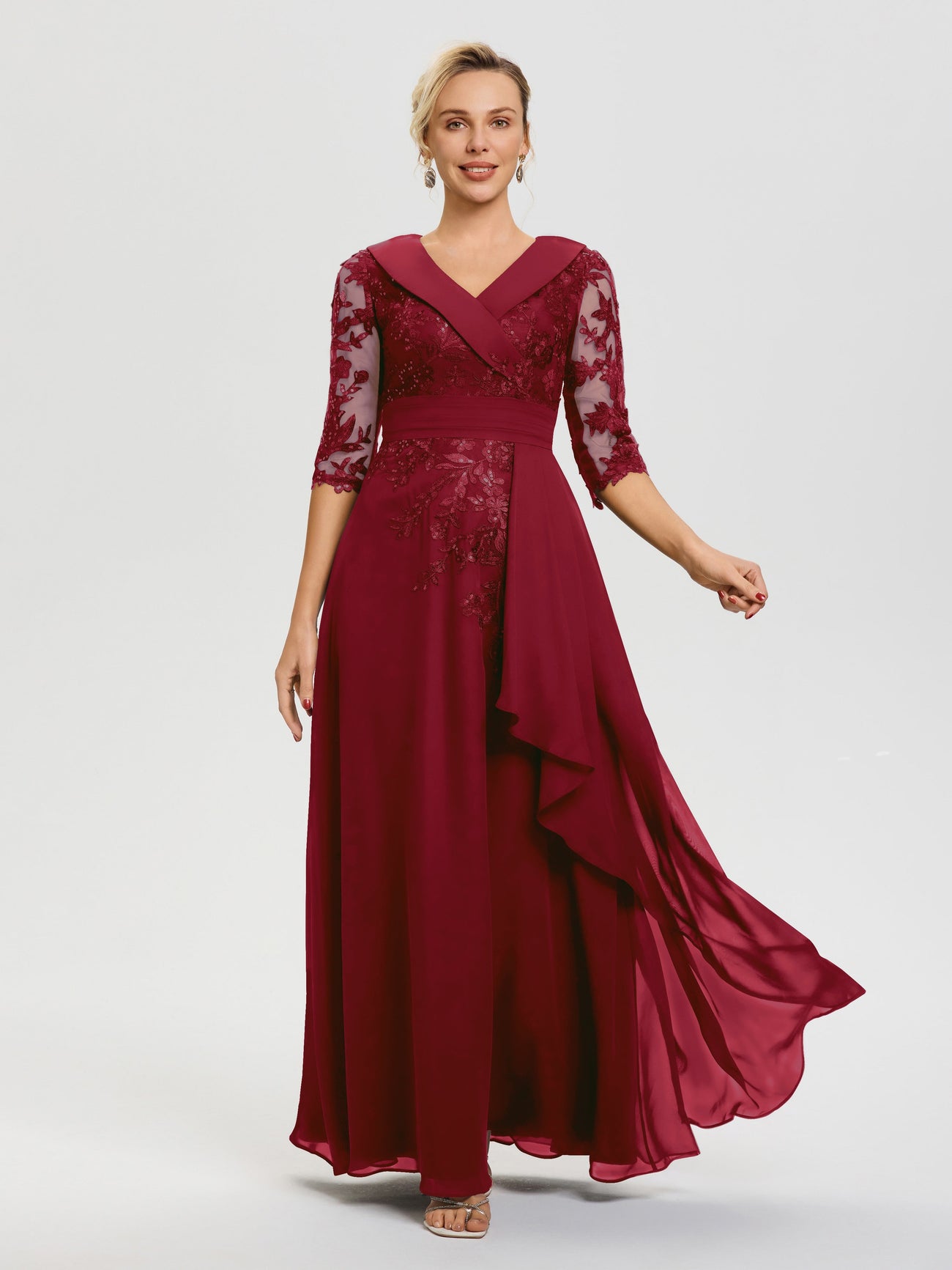 Burgundy Mother Of The Bride Dresses A Line V Neck 3/4 Illusion Sleeve