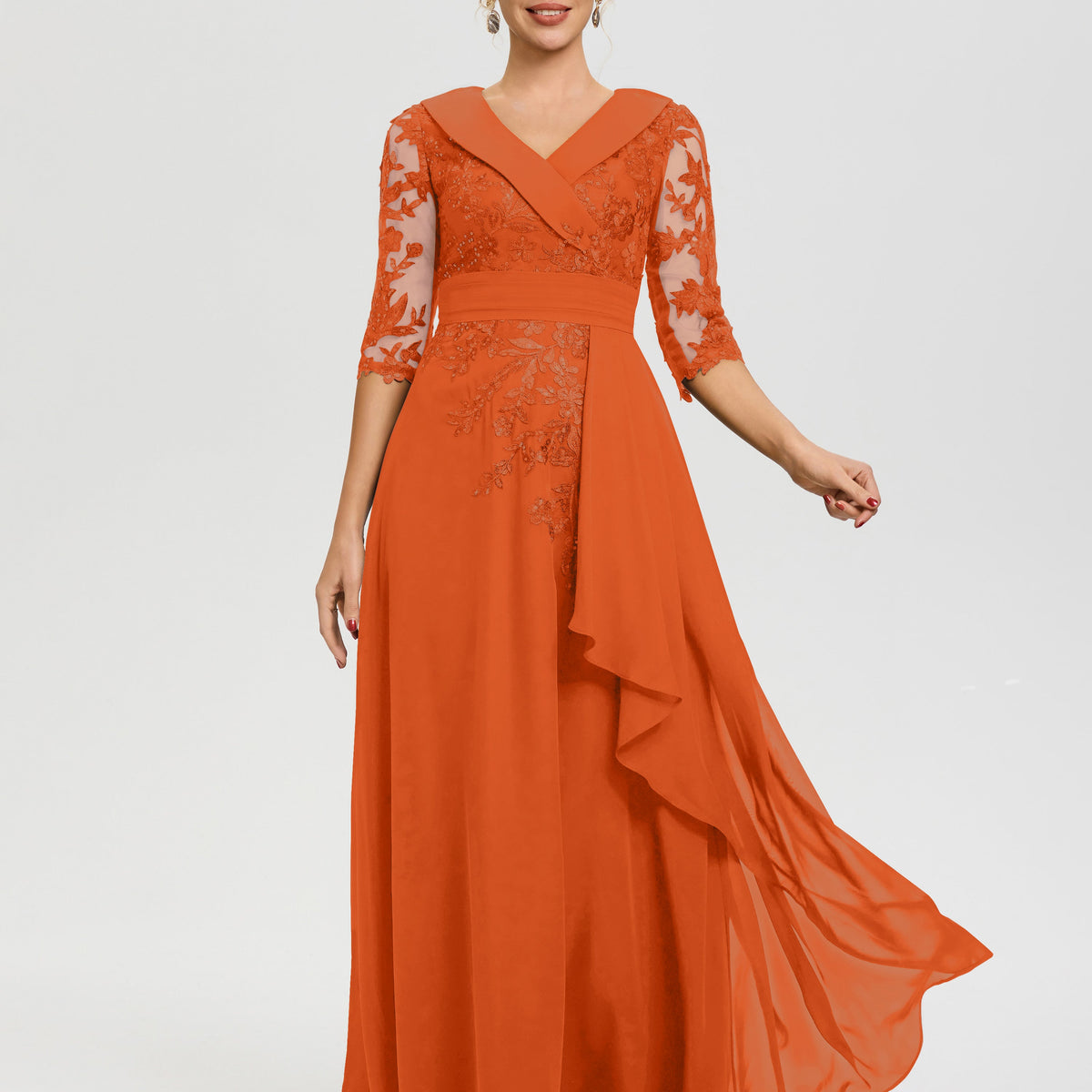 Burnt Orange Mother Of Bride Dress A Line V Neck 3/4 Illusion Sleeves