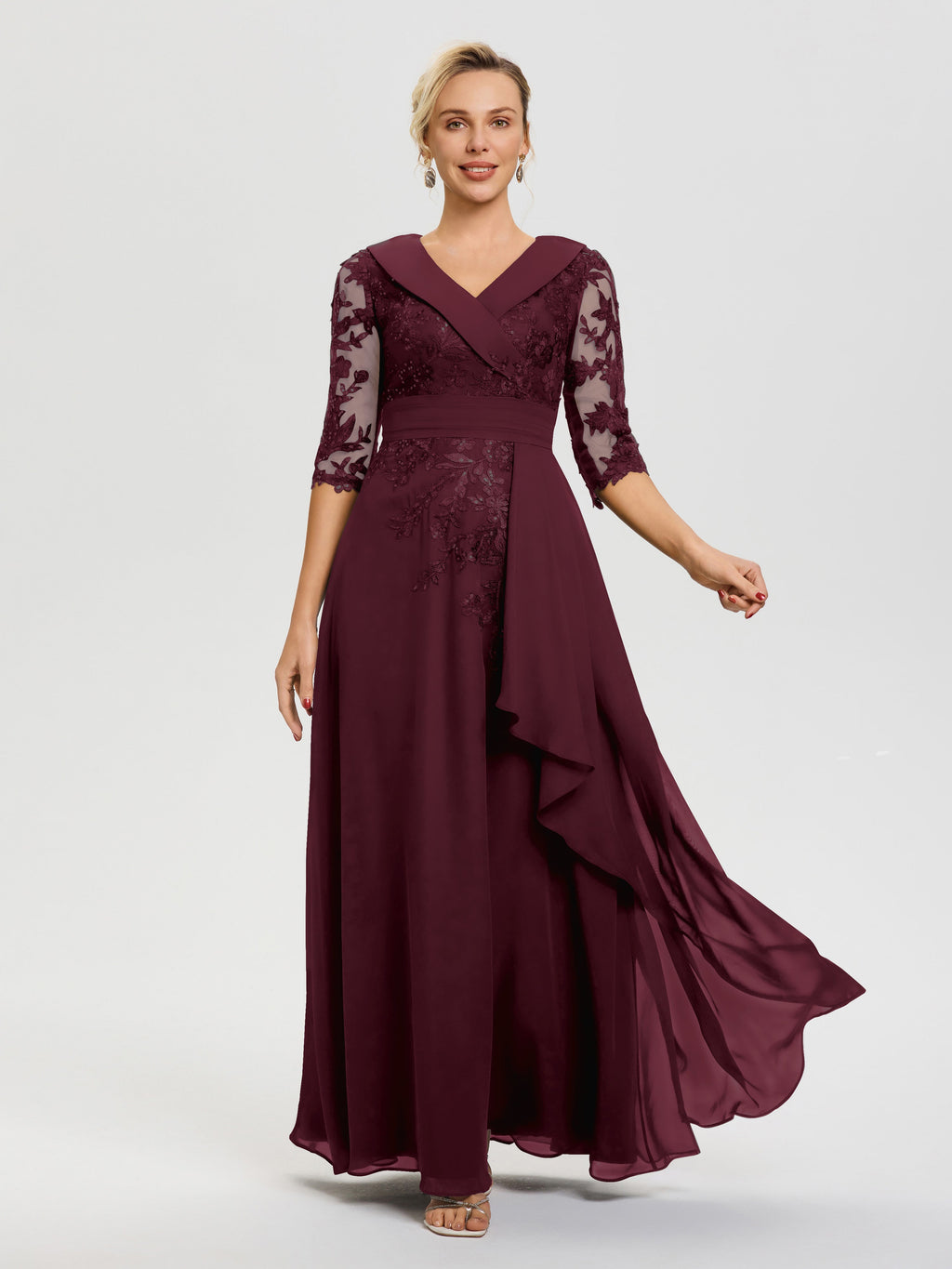 Cabernet Stylish Grandmother Of The Bride Dresses A Line V Neck 3/4 Il