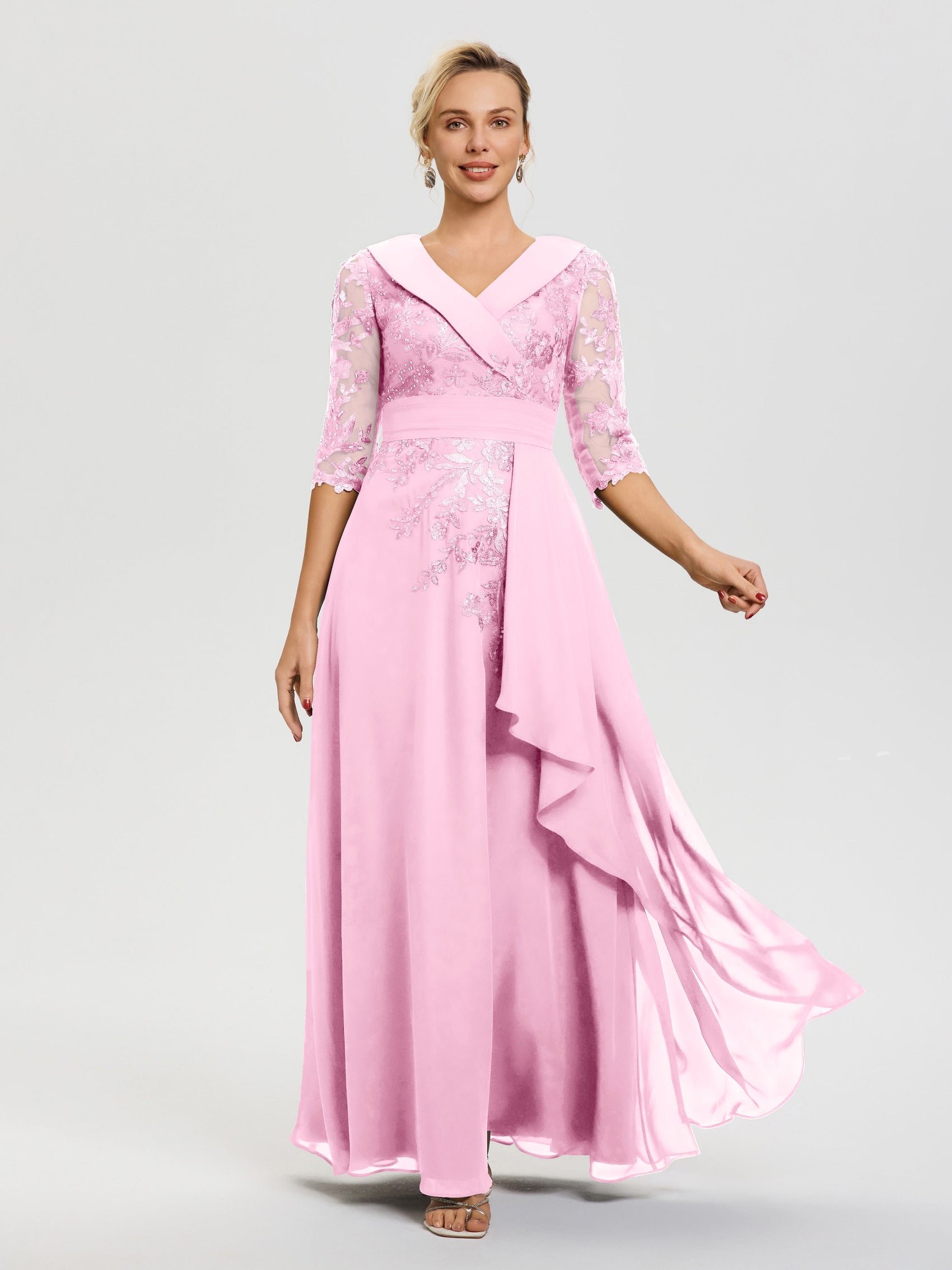 Candy Pink Mother Of Bride Dress A Line V Neck 3/4 Illusion Sleeves Ap