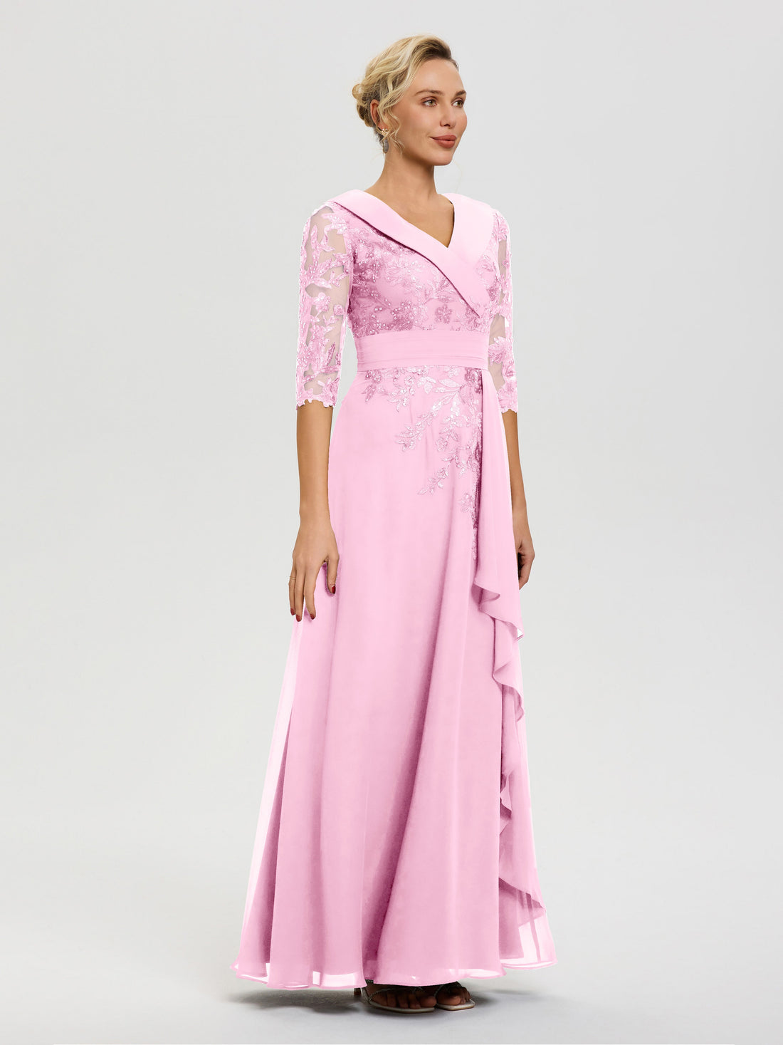 Candy Pink Mother Of Bride Dress A Line V Neck 3/4 Illusion Sleeves Ap