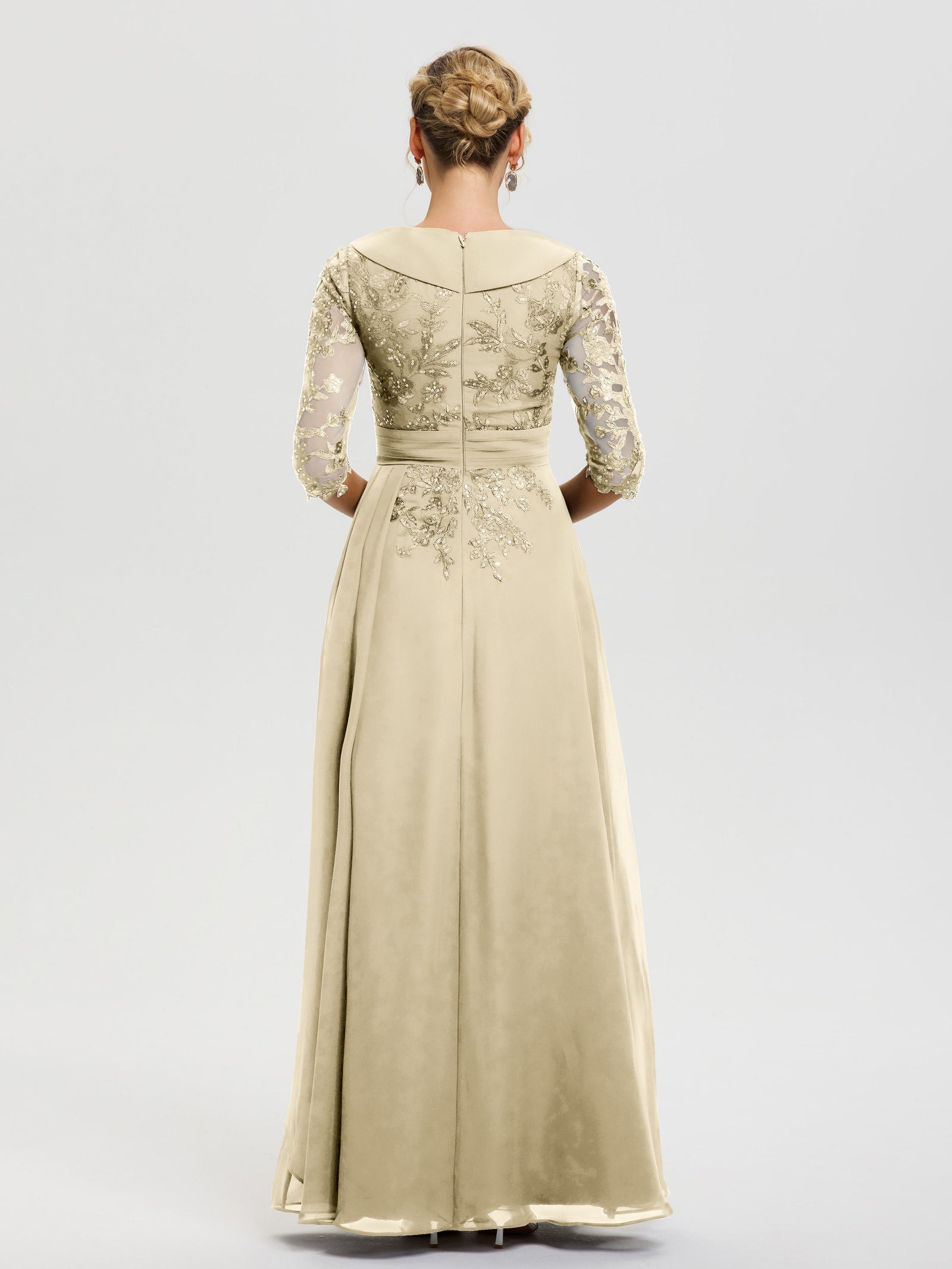 Champagne Mother Of The Bride Dress With Sleeves A Line V Neck 3/4 Ill
