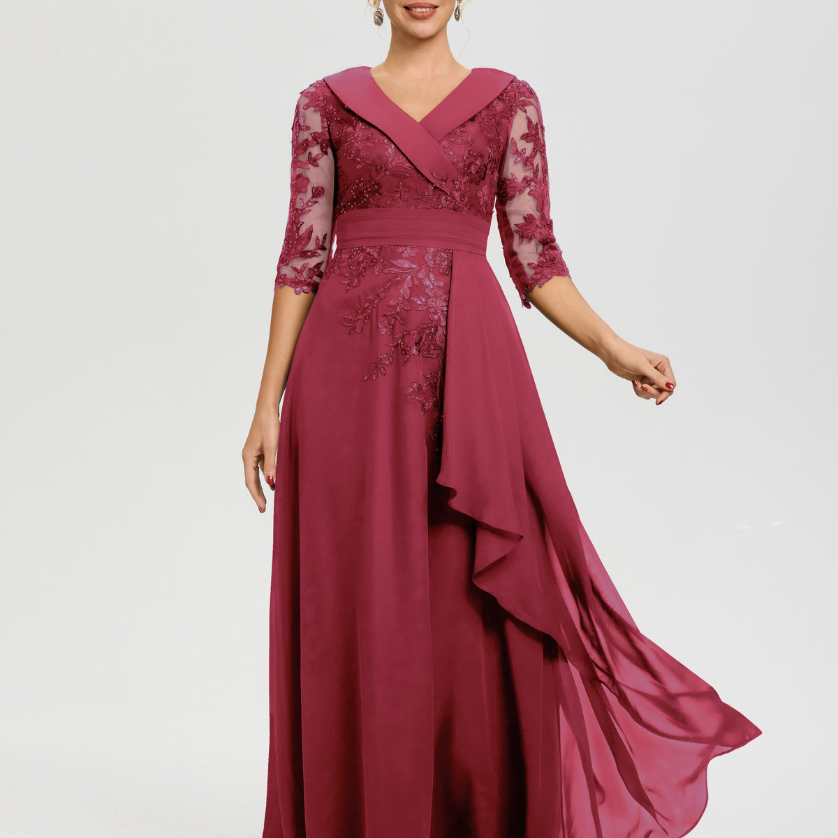 burgundy evening dress long sleeve Long Sleeve Round Neckline Empire Waist Chiffon Formal Dress main image 0