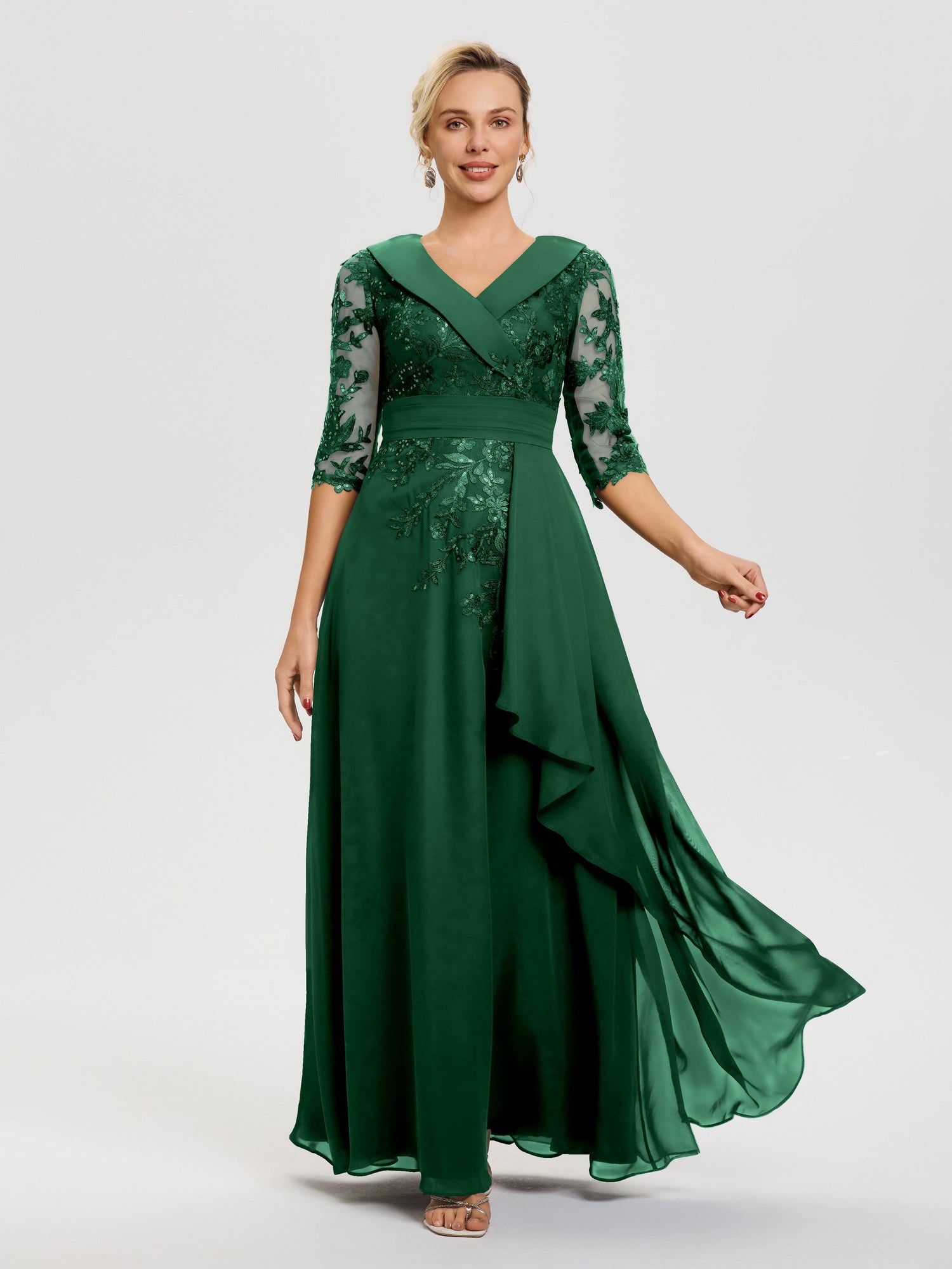 Dark Green Mother Of Bride Dress A Line V Neck 3/4 Illusion Sleeves Ap