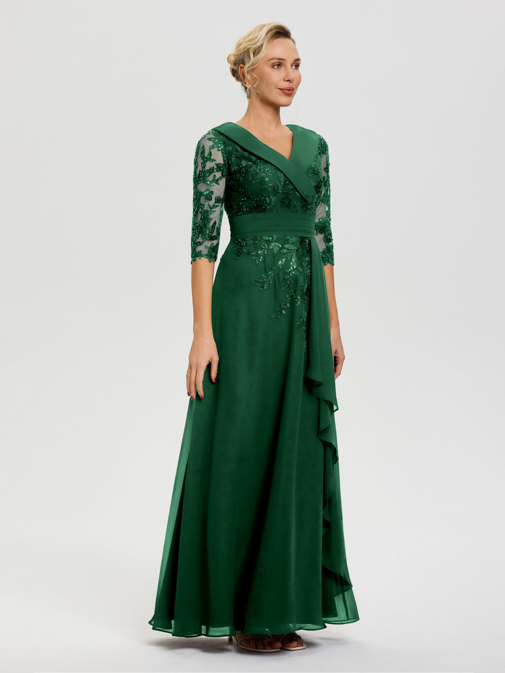 Dark Green Mother Of Bride Dress A Line V Neck 3/4 Illusion Sleeves Ap