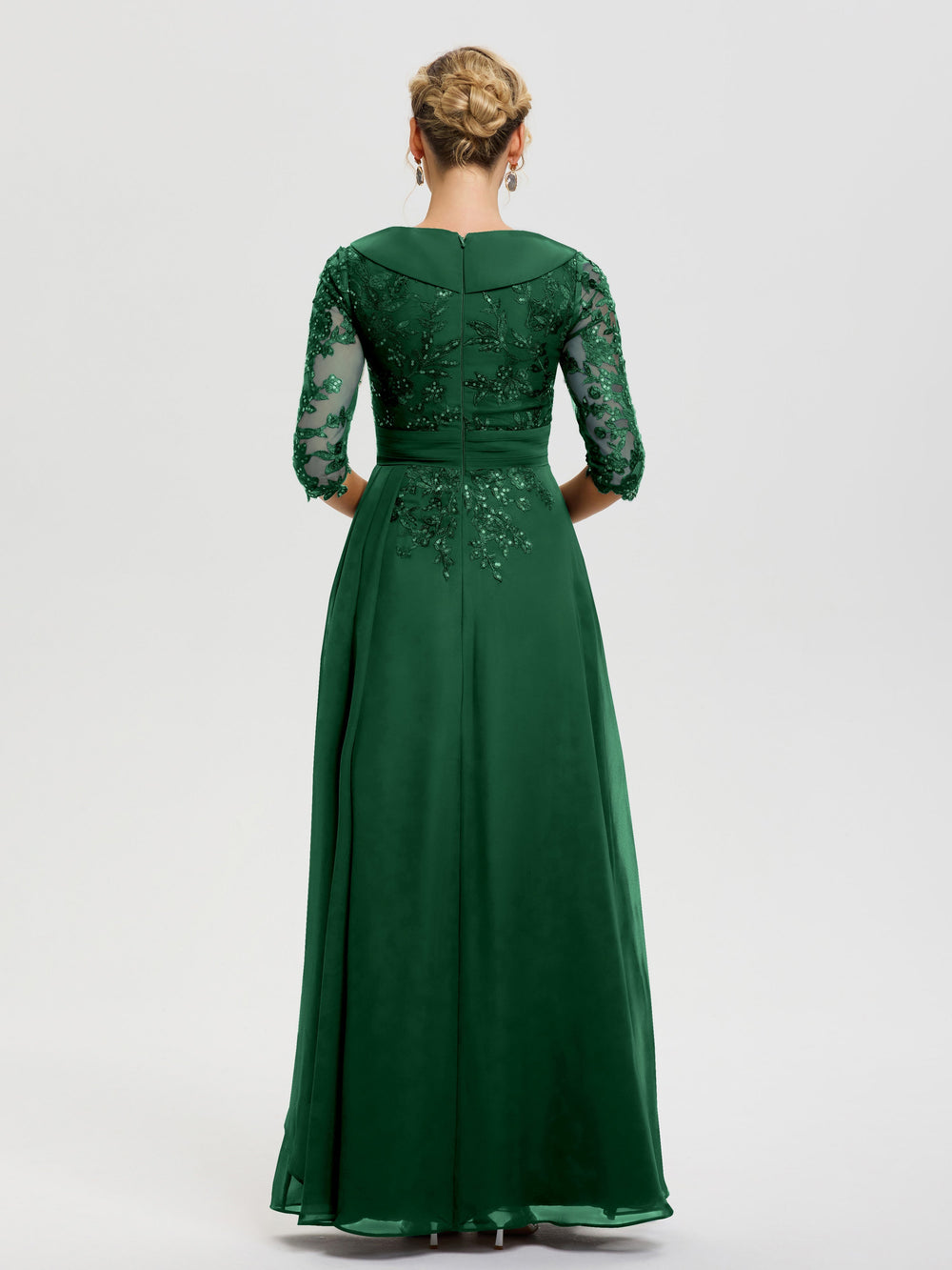 Dark Green Mother Of Bride Dress A Line V Neck 3/4 Illusion Sleeves Ap