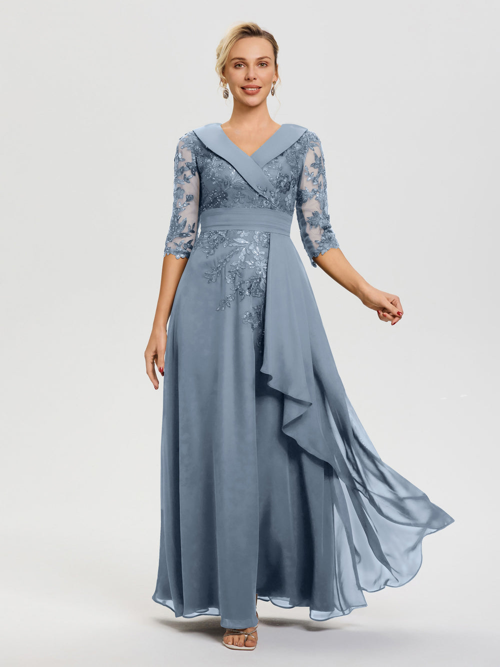 Mother Of The Bride Dress Dusty Blue A Line V Neck 3/4 Illusion Sleeve
