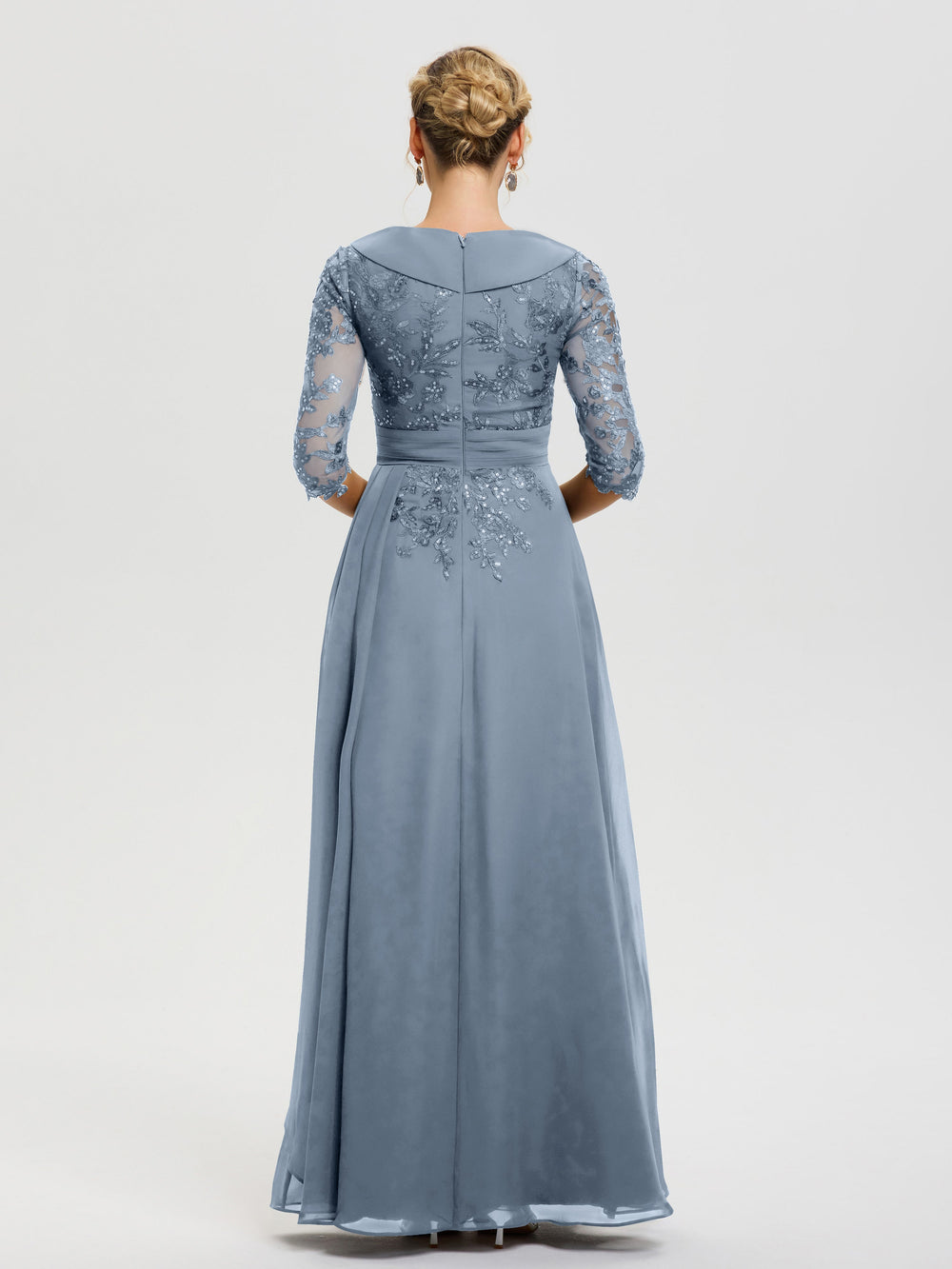 Mother Of The Bride Dress Dusty Blue A Line V Neck 3/4 Illusion Sleeve