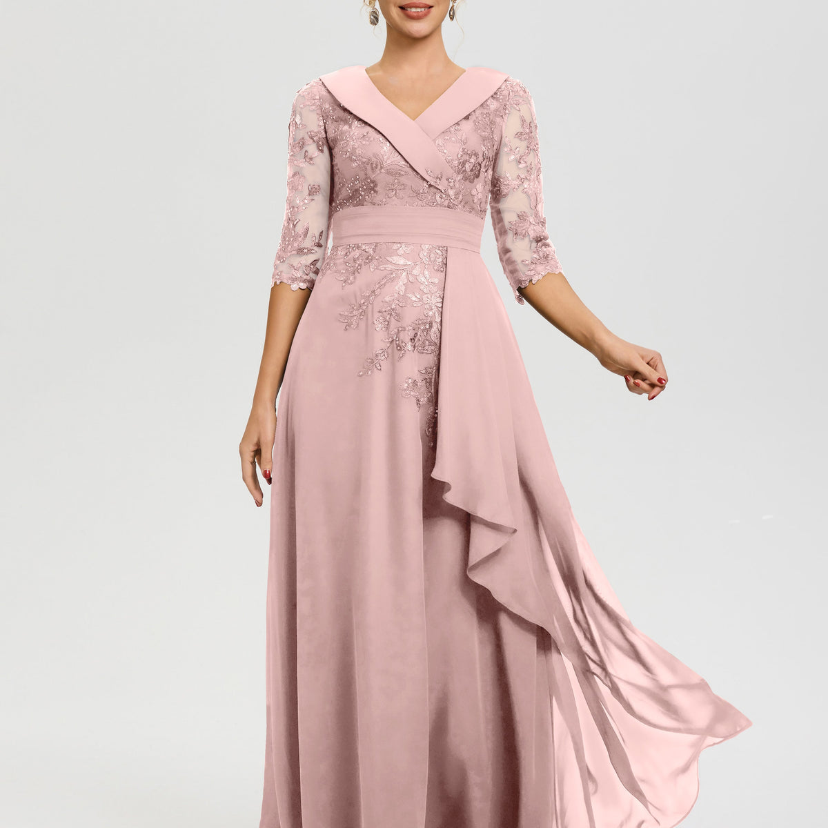 Dusty Rose Mother of Bride Dresses A Line V Neck 3/4 Illusion Sleeves Appliqued Chiffon Floor Length Mother of The Bride Dresses