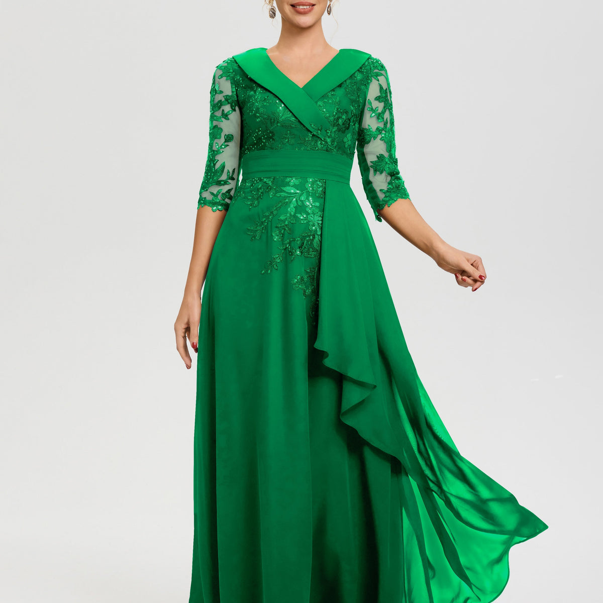 Mother Of The Bride Emerald Green A Line V Neck 3/4 Illusion Sleeves A
