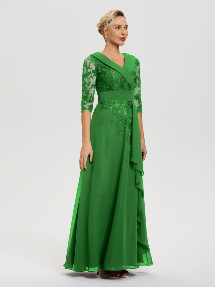 Green Mother Of Bride Dress A Line V Neck 3/4 Illusion Sleeves Appliqu