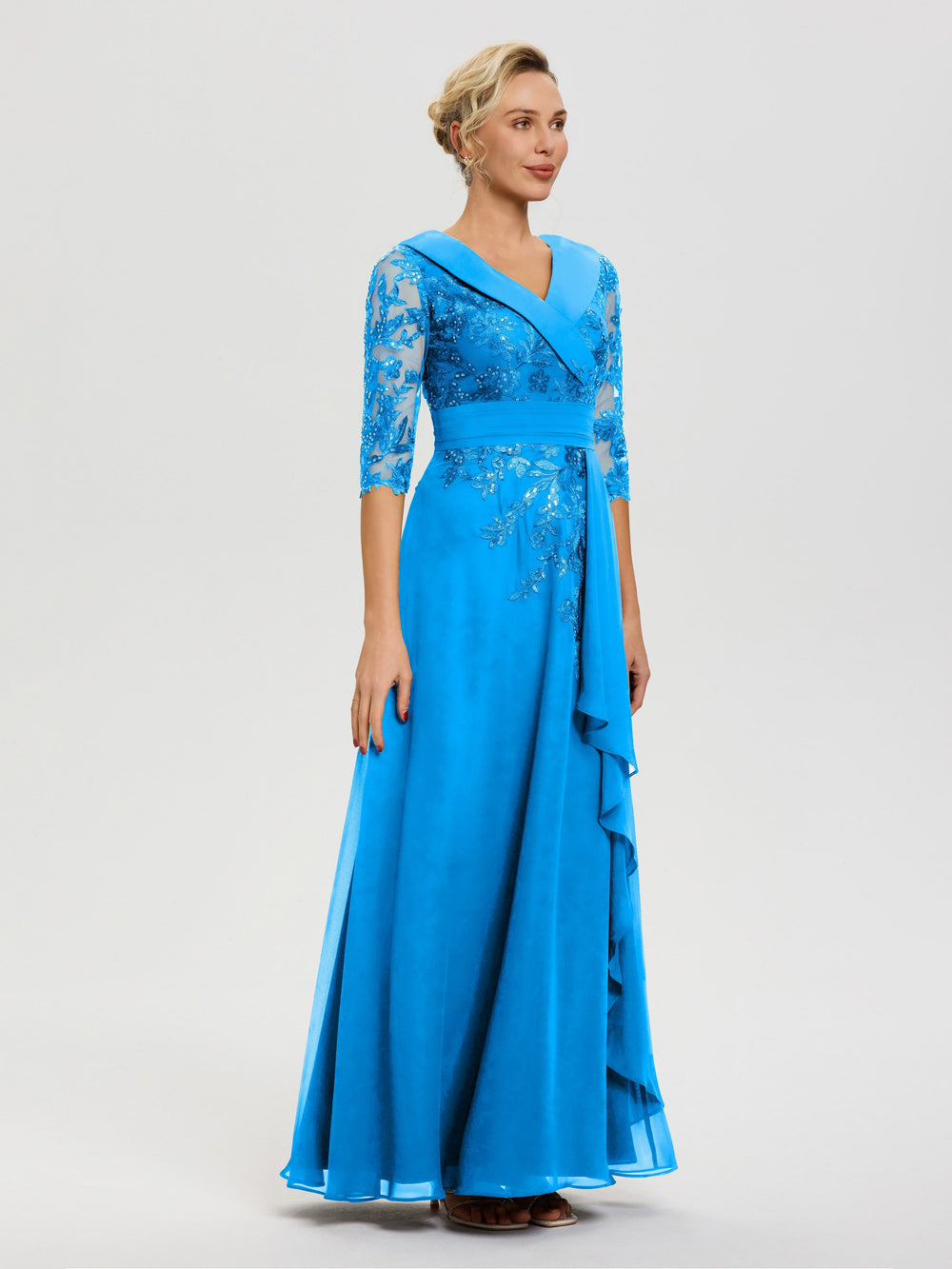 Mother Of The Bride Ocean Blue Dresses A Line V Neck 3/4 Illusion Slee