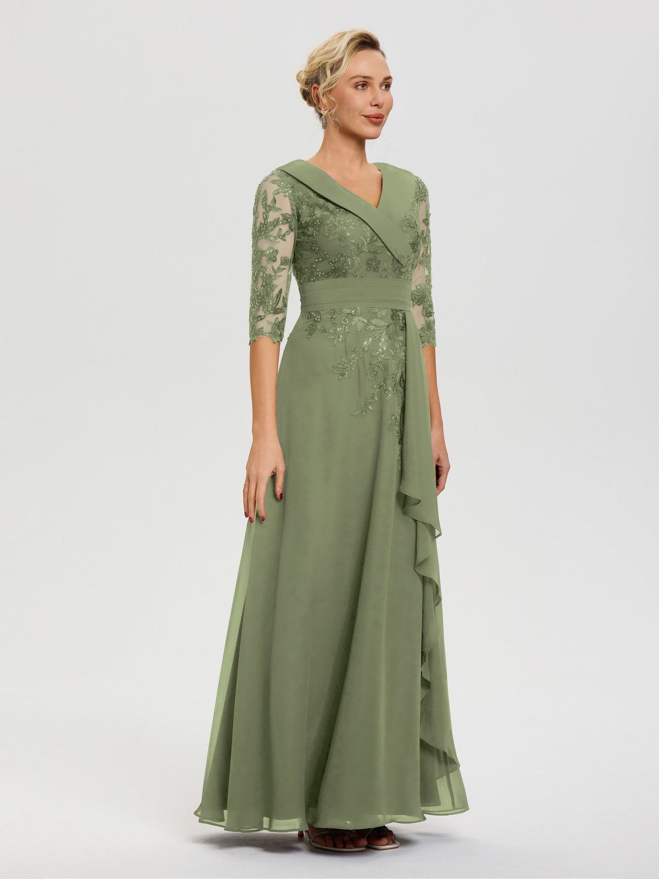 Mother Of The Bride Olive Green Dresses A Line V Neck 3/4 Illusion Sle