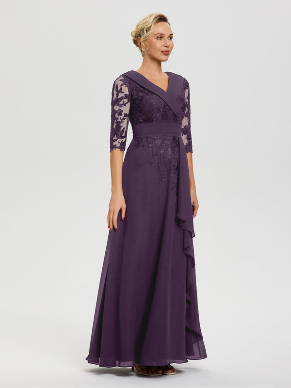 Plum Color Mother Of The Bride Dresses A Line V Neck 3/4 Illusion Slee