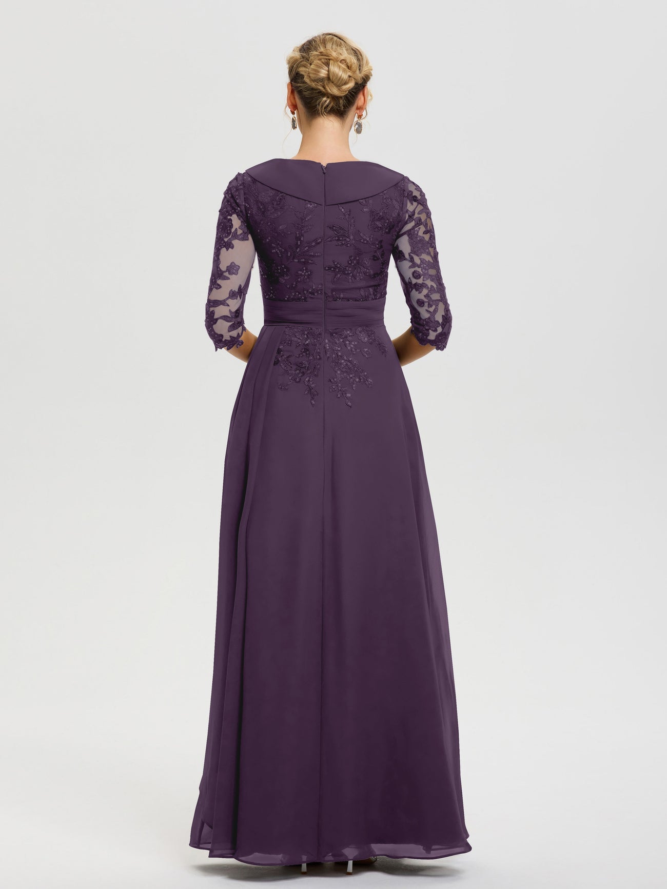 Plum Color Mother Of The Bride Dresses A Line V Neck 3/4 Illusion Slee