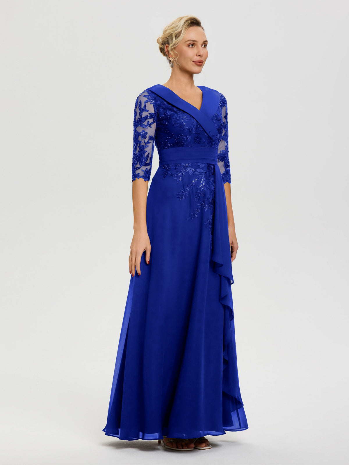 Mother Of The Bride Royal Blue Dress A Line V Neck 3/4 Illusion Sleeve