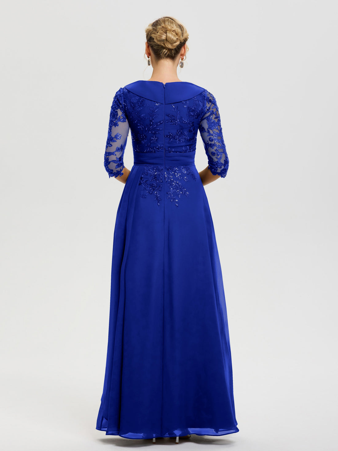 Mother Of The Bride Royal Blue Dress A Line V Neck 3/4 Illusion Sleeve