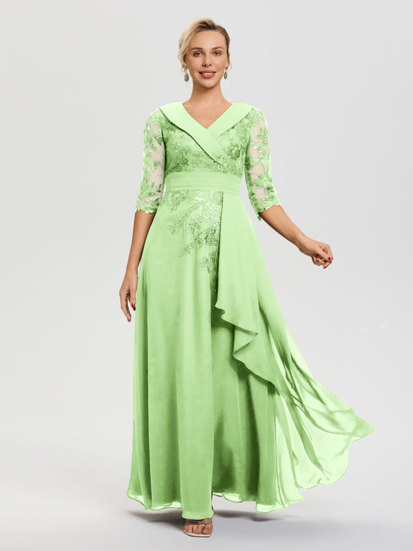 Mother Of The Bride Dresses Sage Green A Line V Neck 3/4 Illusion Slee
