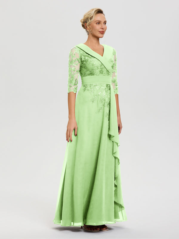 Mother Of The Bride Dresses Sage Green A Line V Neck 3/4 Illusion Slee