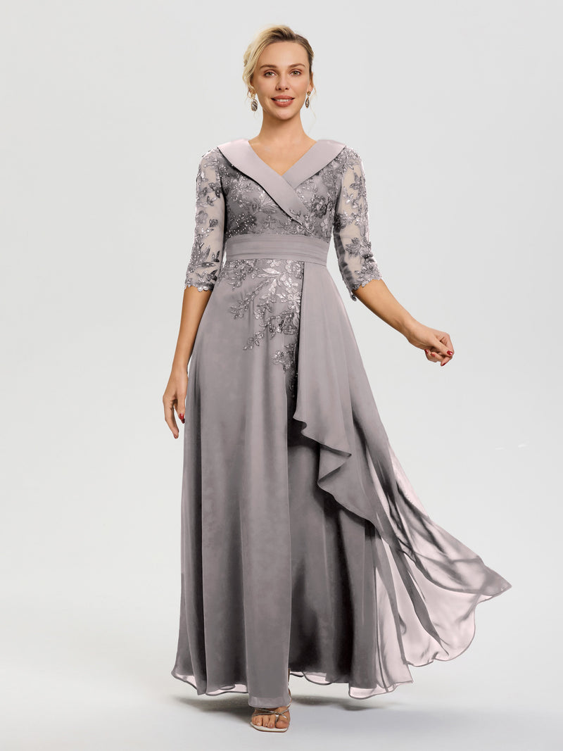Silver Mother Of The Bride Dress With Sleeves A Line V Neck 3/4 Illusi