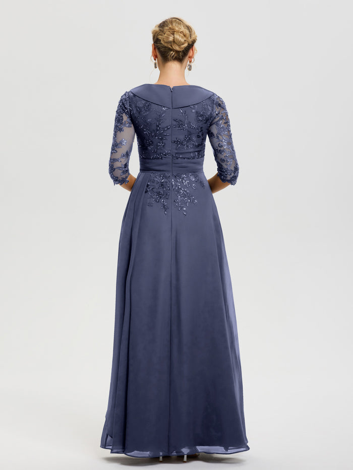 Mother Of The Bride Dresses Sage Green A Line V Neck 3/4 Illusion Sleeves Appliqued Chiffon Floor Length Mother Of The Bride Dresses