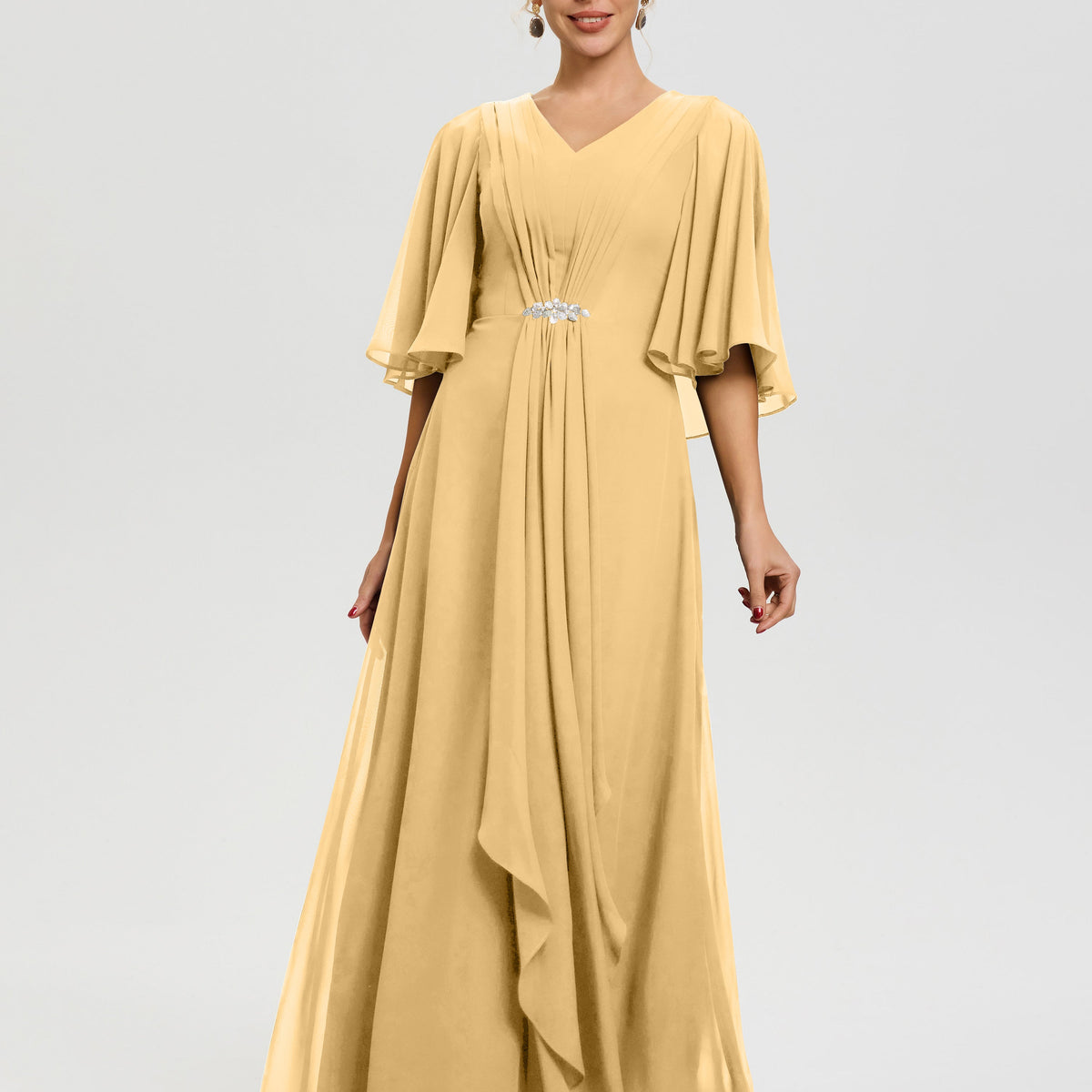Elegant Gold Mother Of The Bride Dresses Flowy Ruffle Sleeves V-Neck Ruched Back Zip Long Chiffon Mother Of The Bride Dresses Elegant Gold Mother Of The Bride Dresses Flowy Ruffle Sleeves V-Neck Ruched Back Zip Long Chiffon Mother Of The Bride Dresses