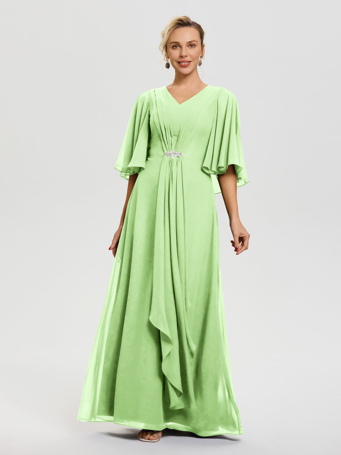 Mother Of The Bride Sage Green Dress Flowy Ruffle Sleeves V-Neck Ruche