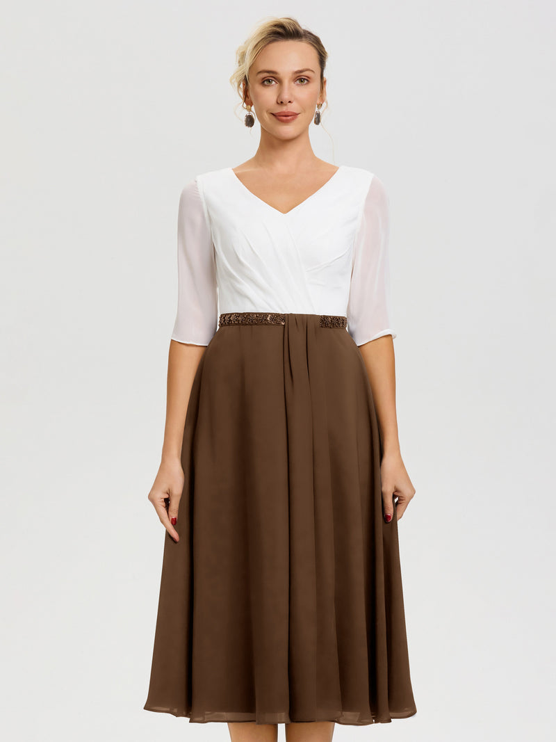 Brown Mother Of Bride Dresses A-Line Half Sleeves V-Neck Beaded Waist