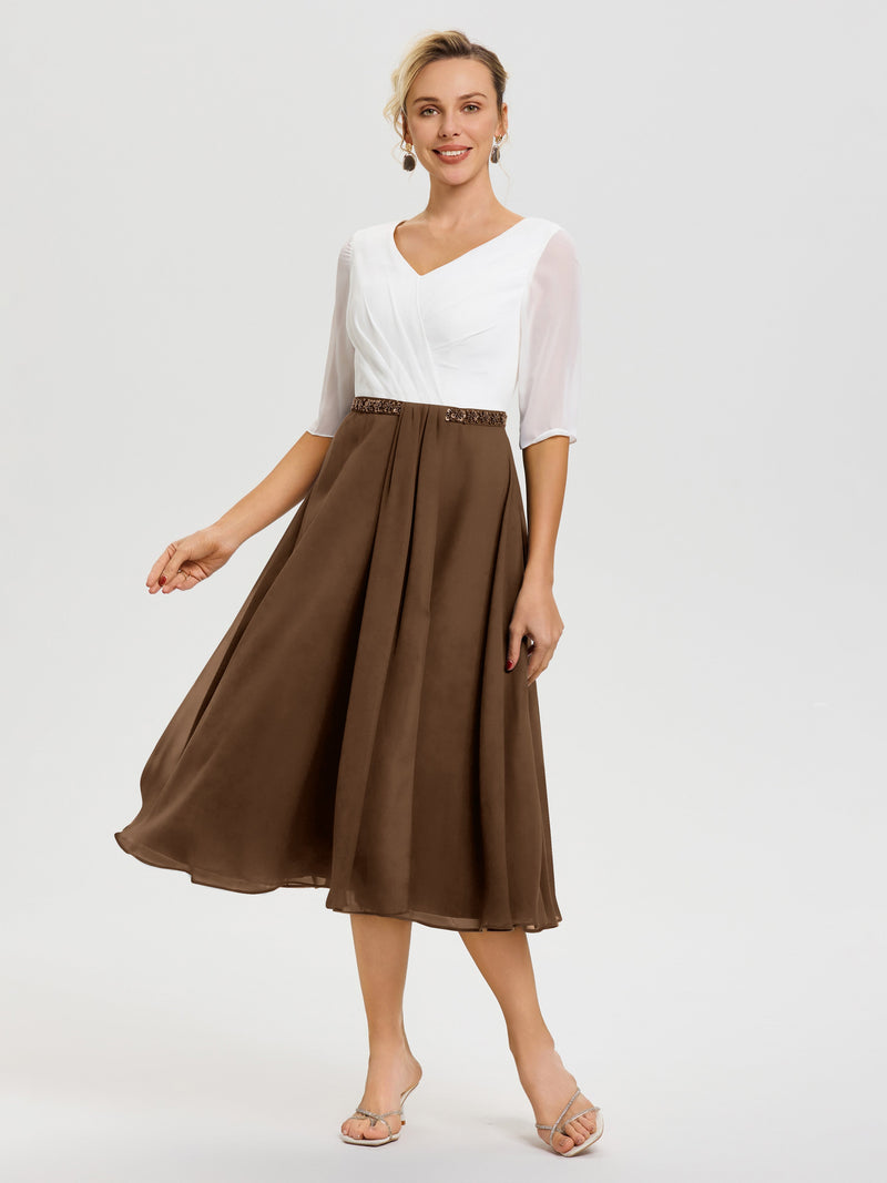 Brown Mother Of Bride Dresses A-Line Half Sleeves V-Neck Beaded Waist