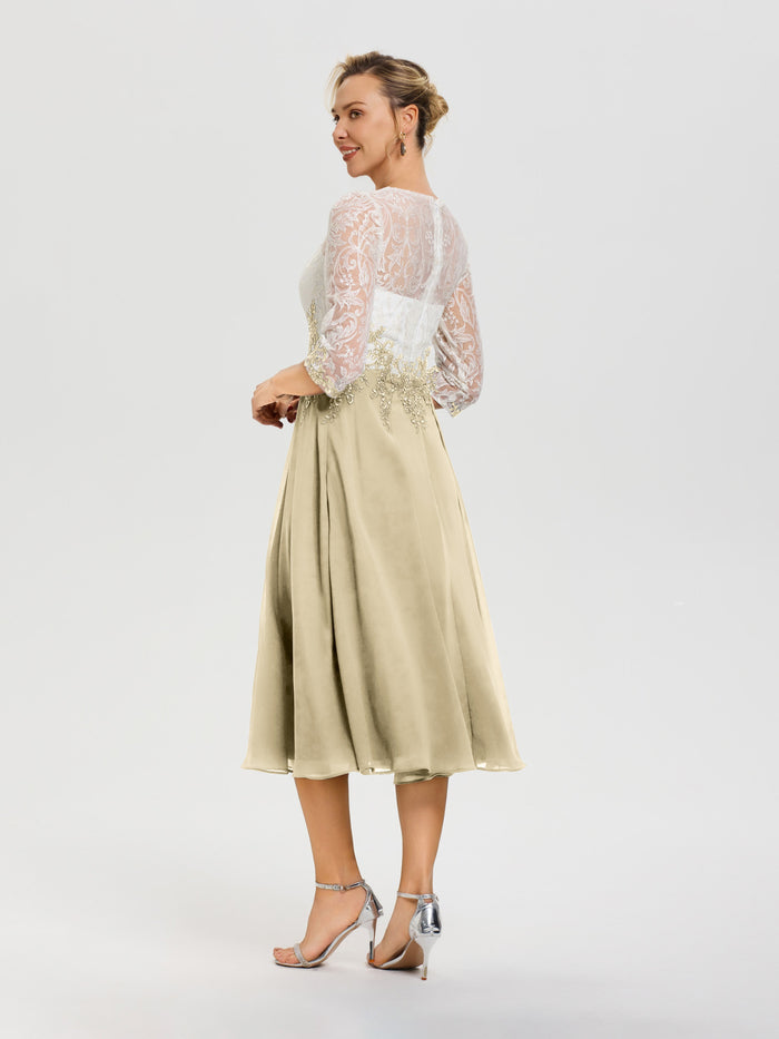 Champagne Dress For Wedding Mother Of The Bride Illusion Sleeves Sweet