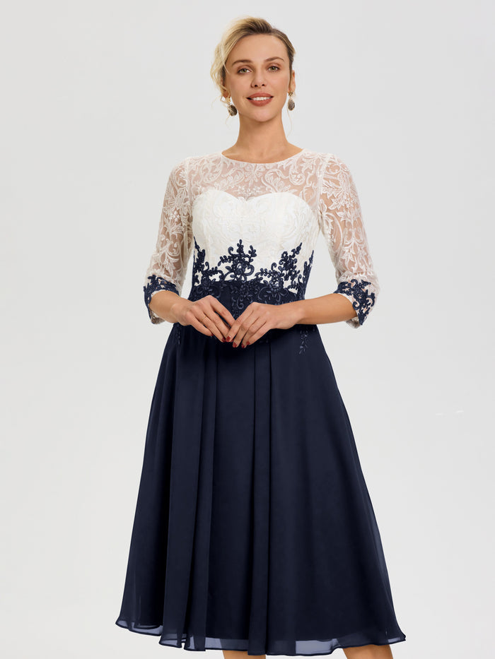 Navy Blue Mother Of The Bride Dresses Illusion Sleeves Sweetheart Lace