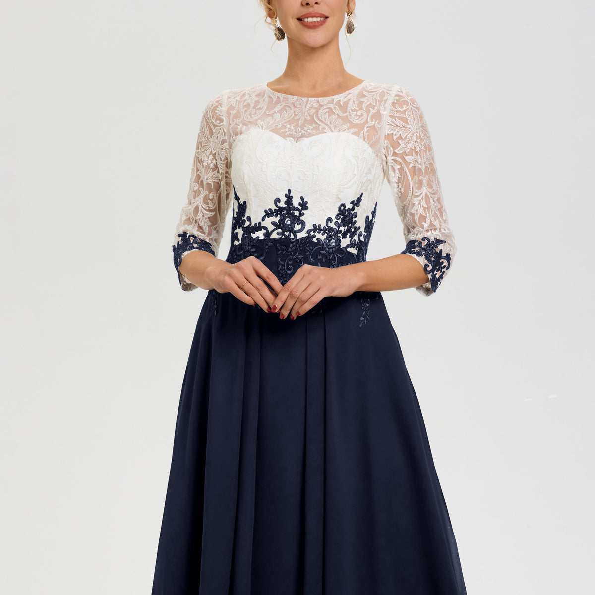 Navy Blue Mother Of The Bride Dresses Illusion Sleeves Sweetheart Lace Appliqued Tea-Length Chiffon Mother Of The Bride Dress