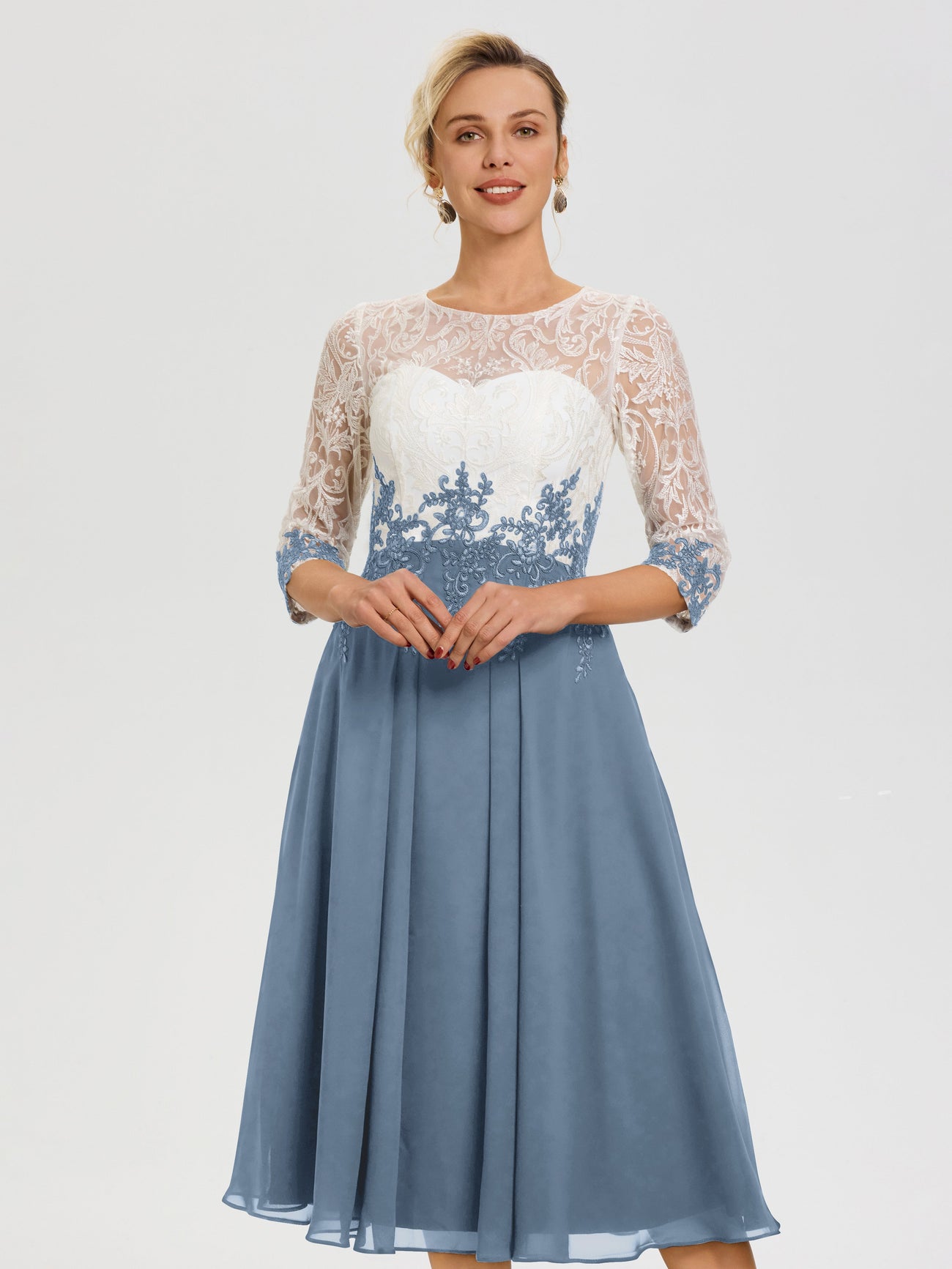 Slate Blue Mother Of The Bride Gowns Illusion Sleeves Sweetheart Lace