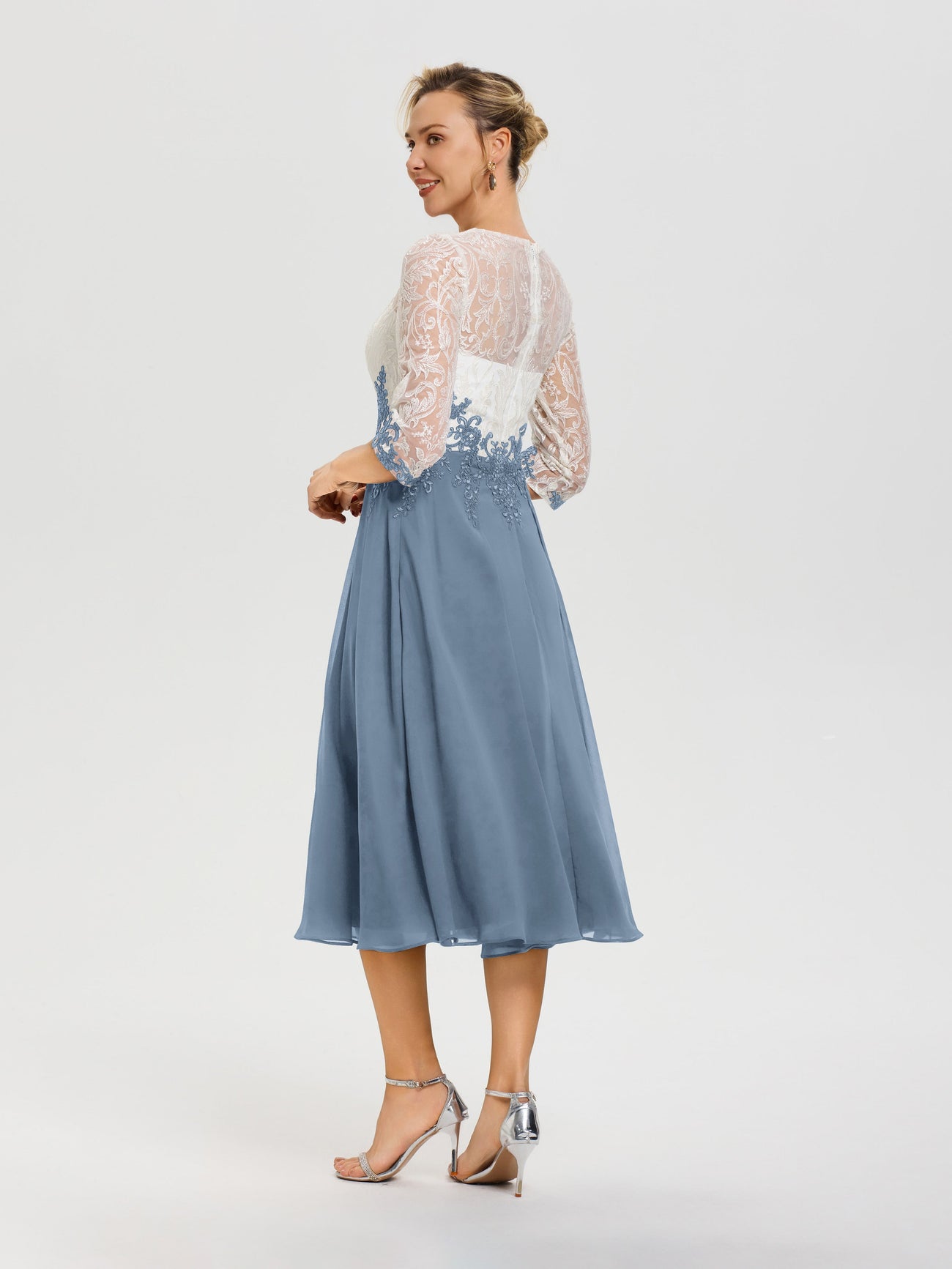 Slate Blue Mother Of The Bride Gowns Illusion Sleeves Sweetheart Lace