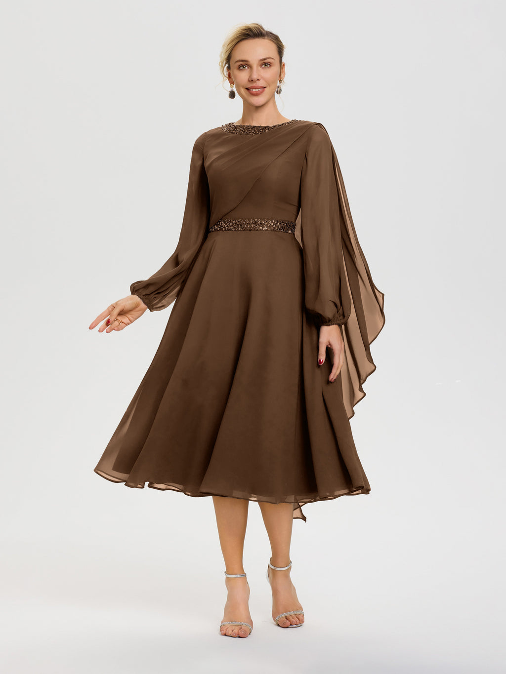Mother Of The Bride Dresses In Brown Elegant A-Line Beading Long Sleeves Tea-Length Chiffon Mother Of The Bride Dress