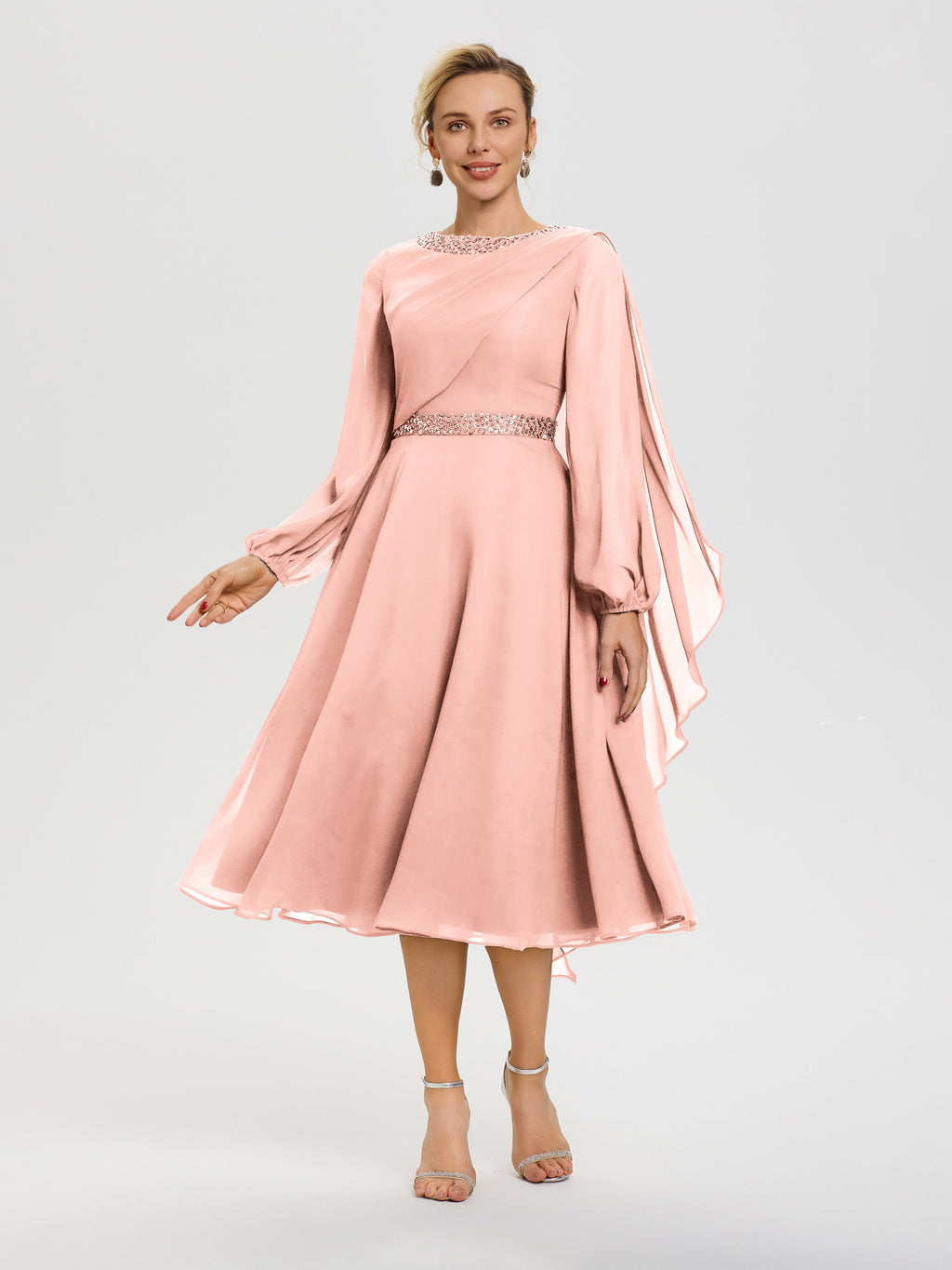 coral chiffon tea length dress Coral Colored Dresses For Mother Of The Bride Elegant A-Line Beading Long Sleeves Tea-Length Chiffon Mother Of The Bride Dress