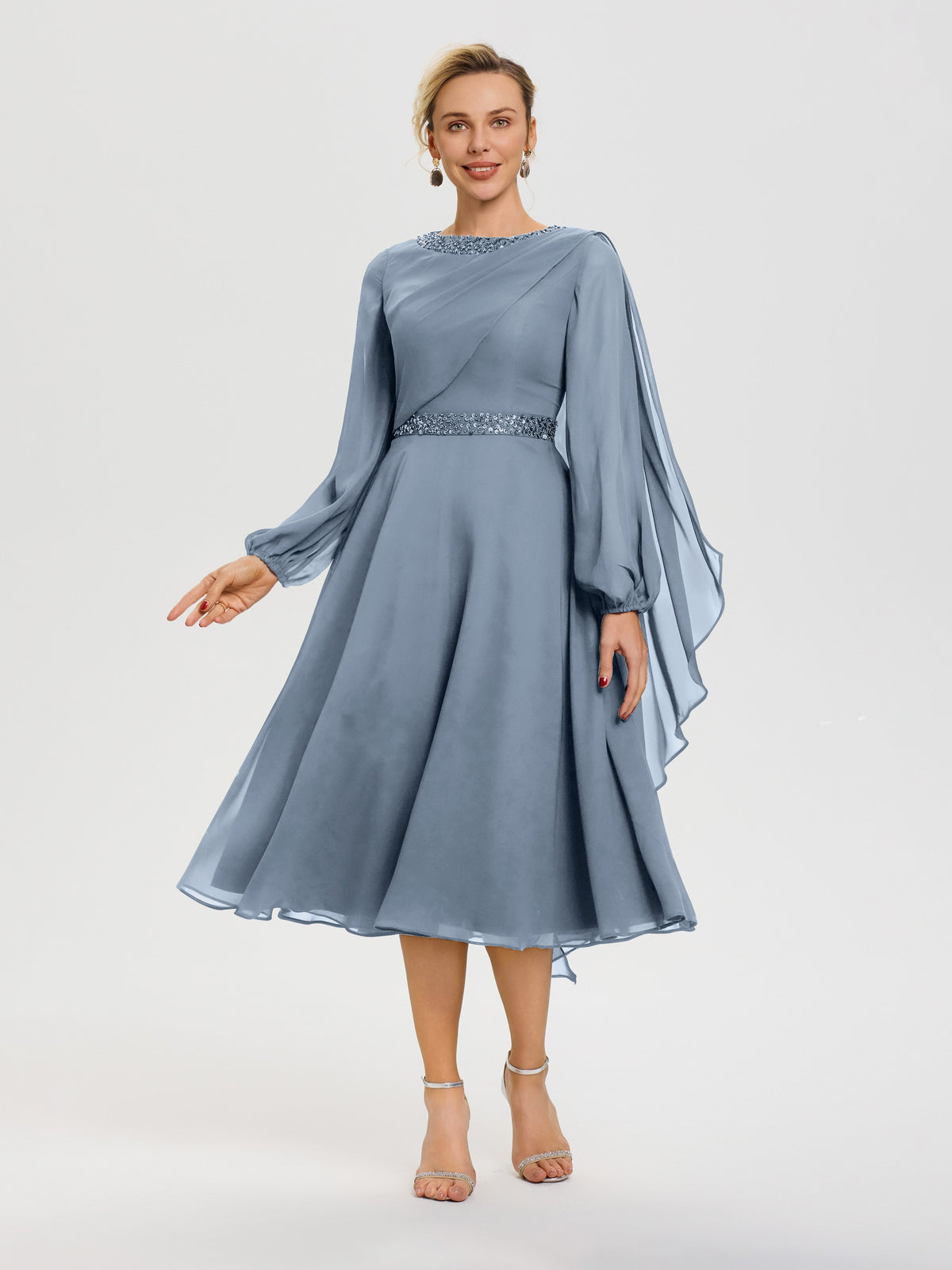 Dusty Blue Dress Mother Of The Bride Elegant A-Line Beading Long Sleev